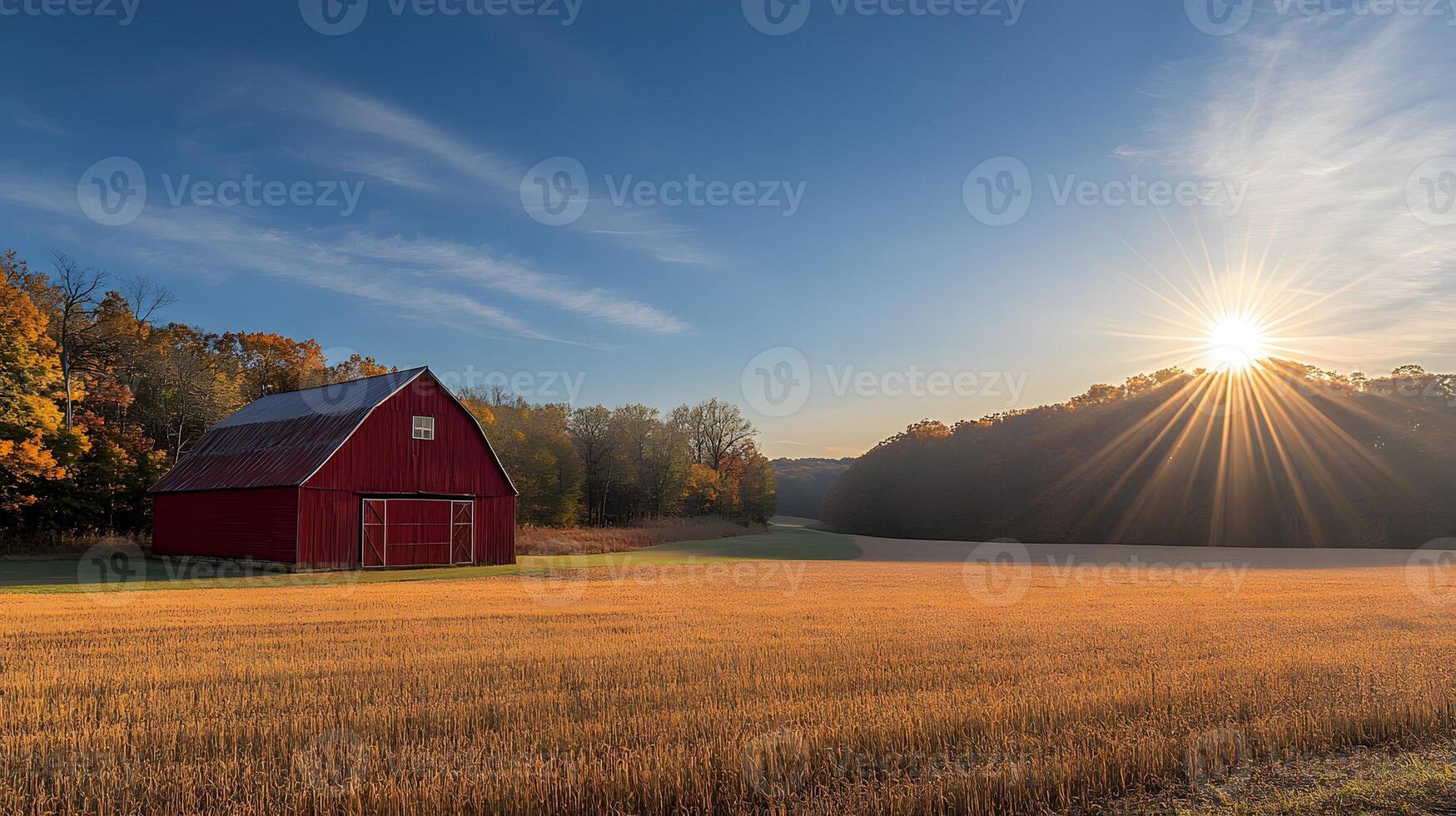 Panoramic rural farm landscape featuring red barn and golden wheat field against blue sky with dramatic sunburst, captured during golden hour with rolling hills. landscape photo