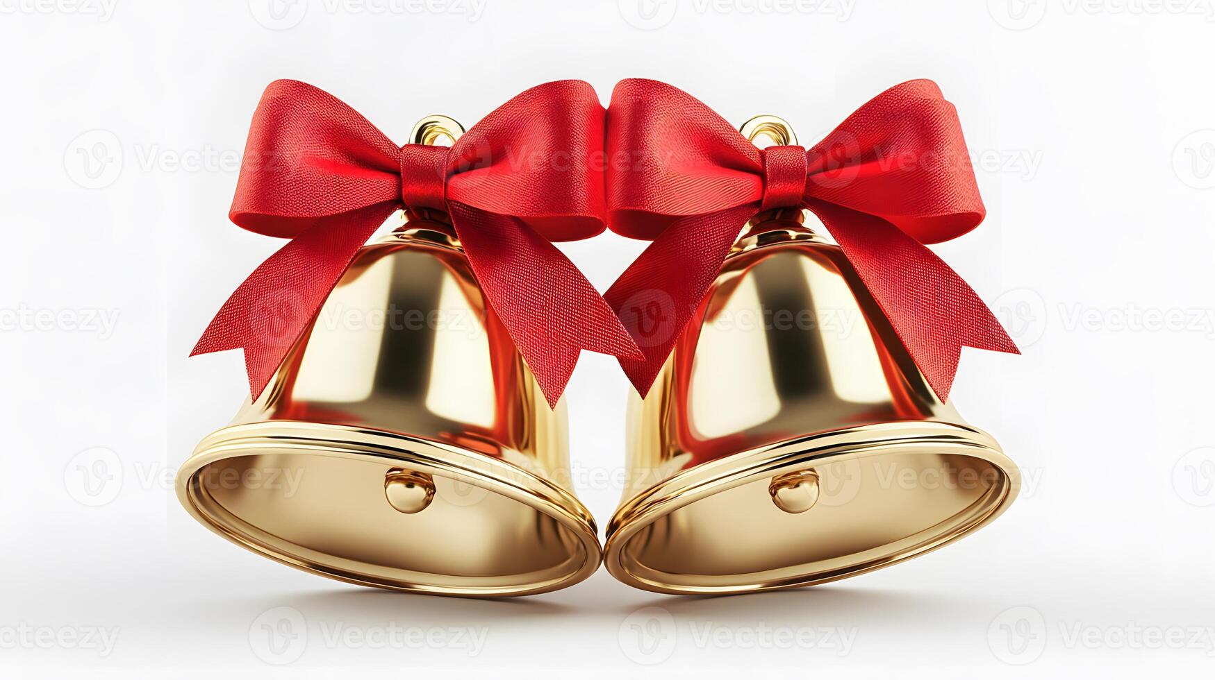 Shiny golden Christmas bells with red satin ribbon bow rendered in 3D, featuring metallic texture and polished brass finish with soft shadows against white background. golden photo