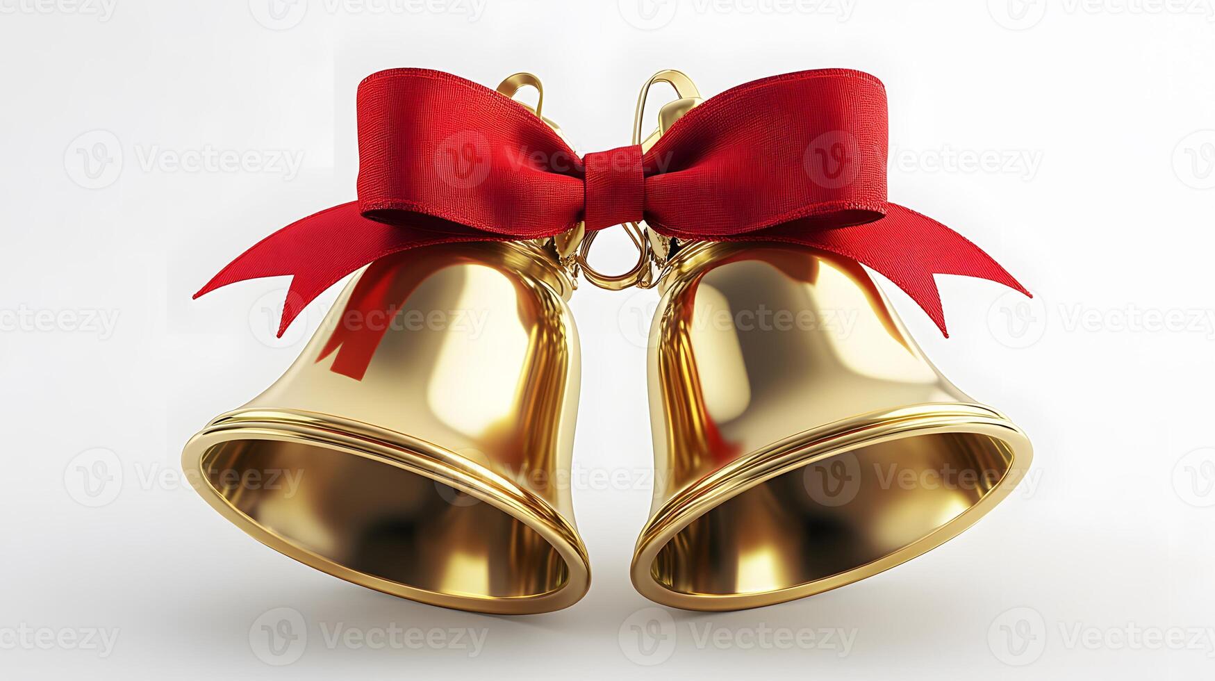 Shiny golden Christmas bells with red satin ribbon bow rendered in 3D, featuring metallic texture and polished brass finish with soft shadows against white background. shiny photo