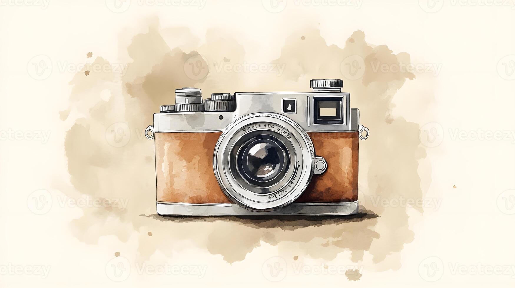 Nostalgic watercolor illustration of vintage camera with brown leather texture, featuring artistic sketch style with coffee stains and sepia tones in travel journal aesthetic. whimsical photo