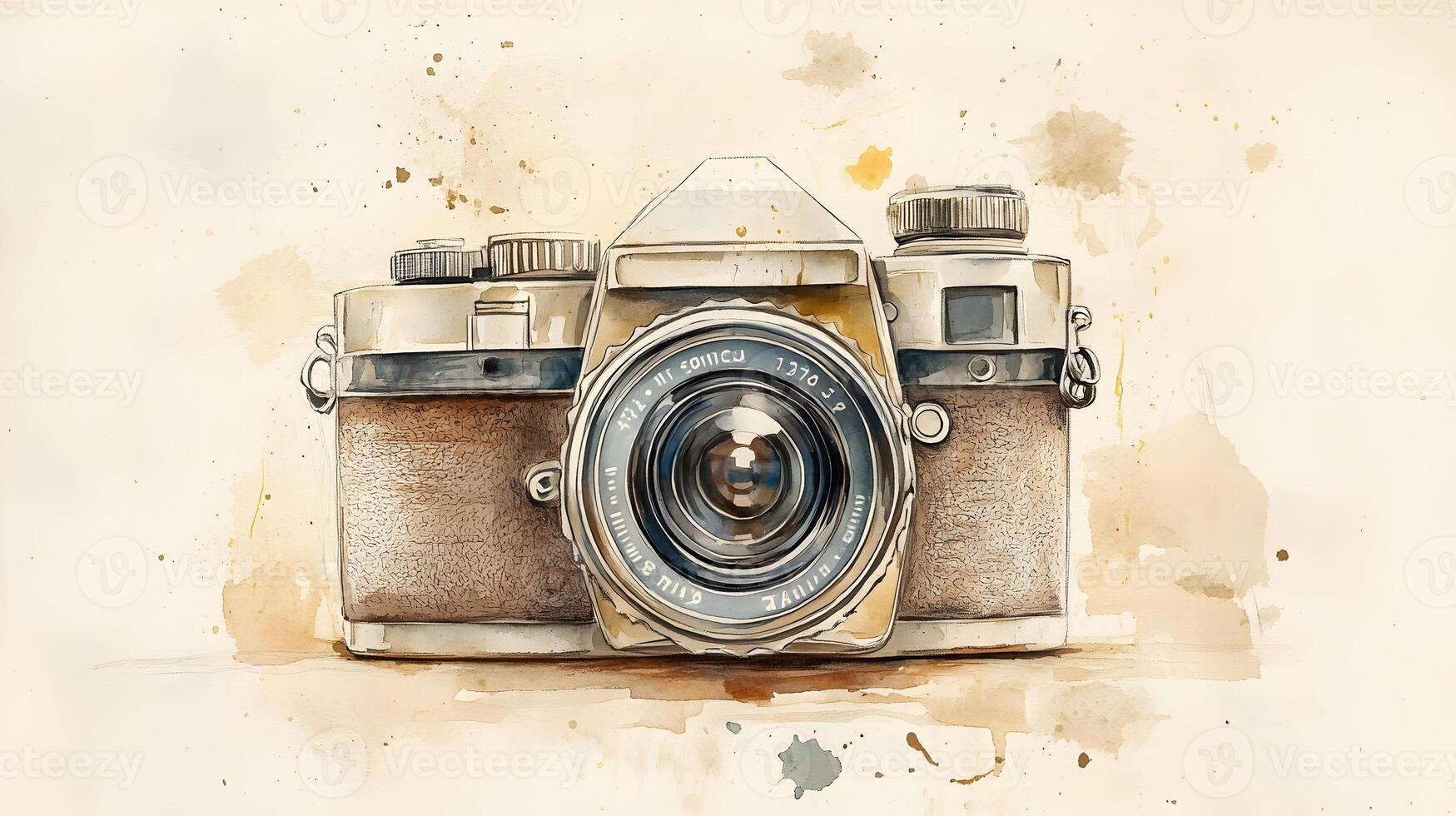 Nostalgic watercolor illustration of vintage camera with brown leather texture, featuring artistic sketch style with coffee stains and sepia tones in travel journal aesthetic. memorabilia photo