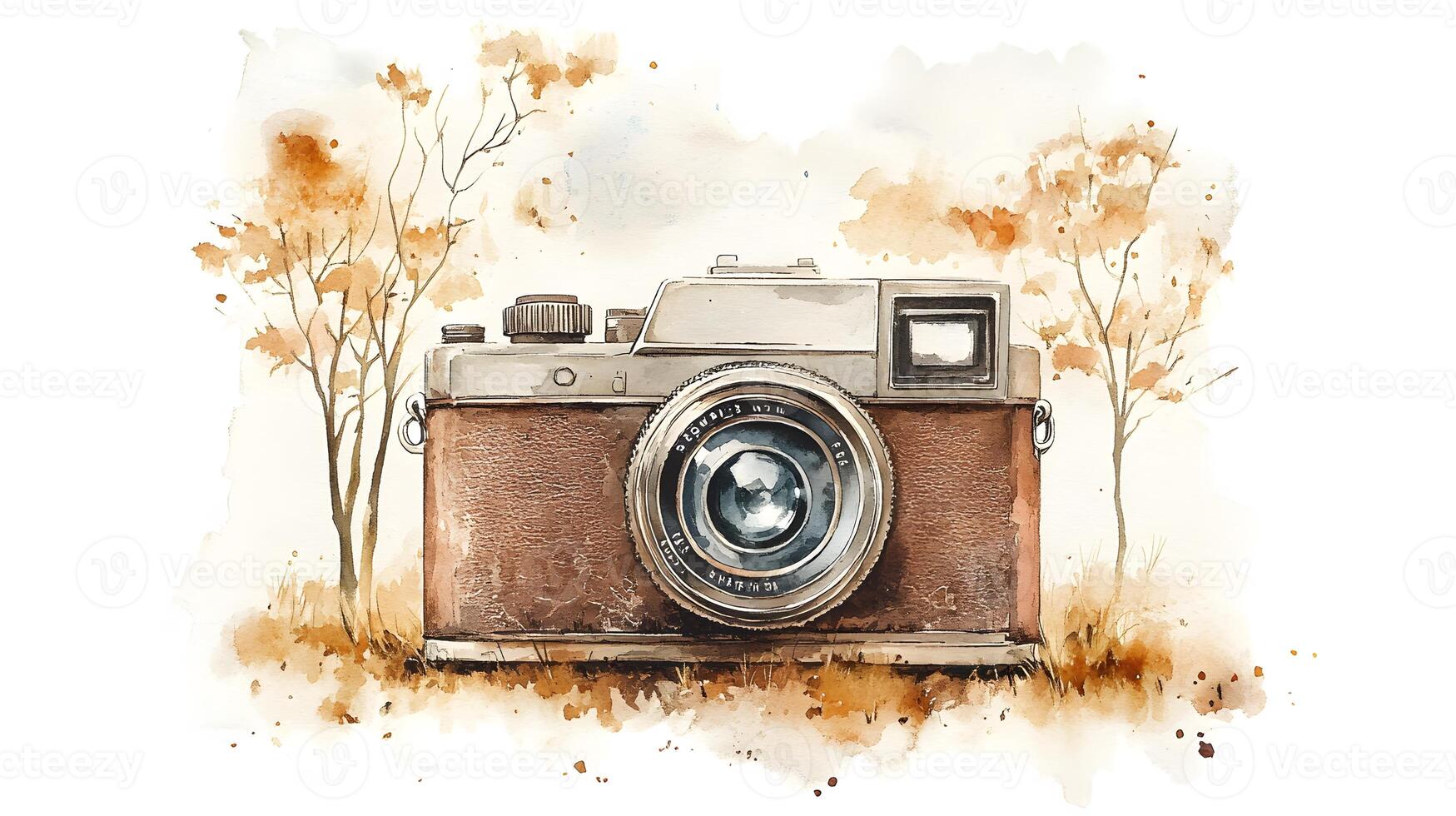 Nostalgic watercolor illustration of vintage camera with brown leather texture, featuring artistic sketch style with coffee stains and sepia tones in travel journal aesthetic. illustration photo