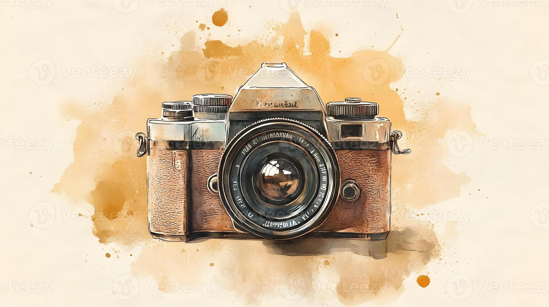 Nostalgic watercolor illustration of vintage camera with brown leather texture, featuring artistic sketch style with coffee stains and sepia tones in travel journal aesthetic. stains photo