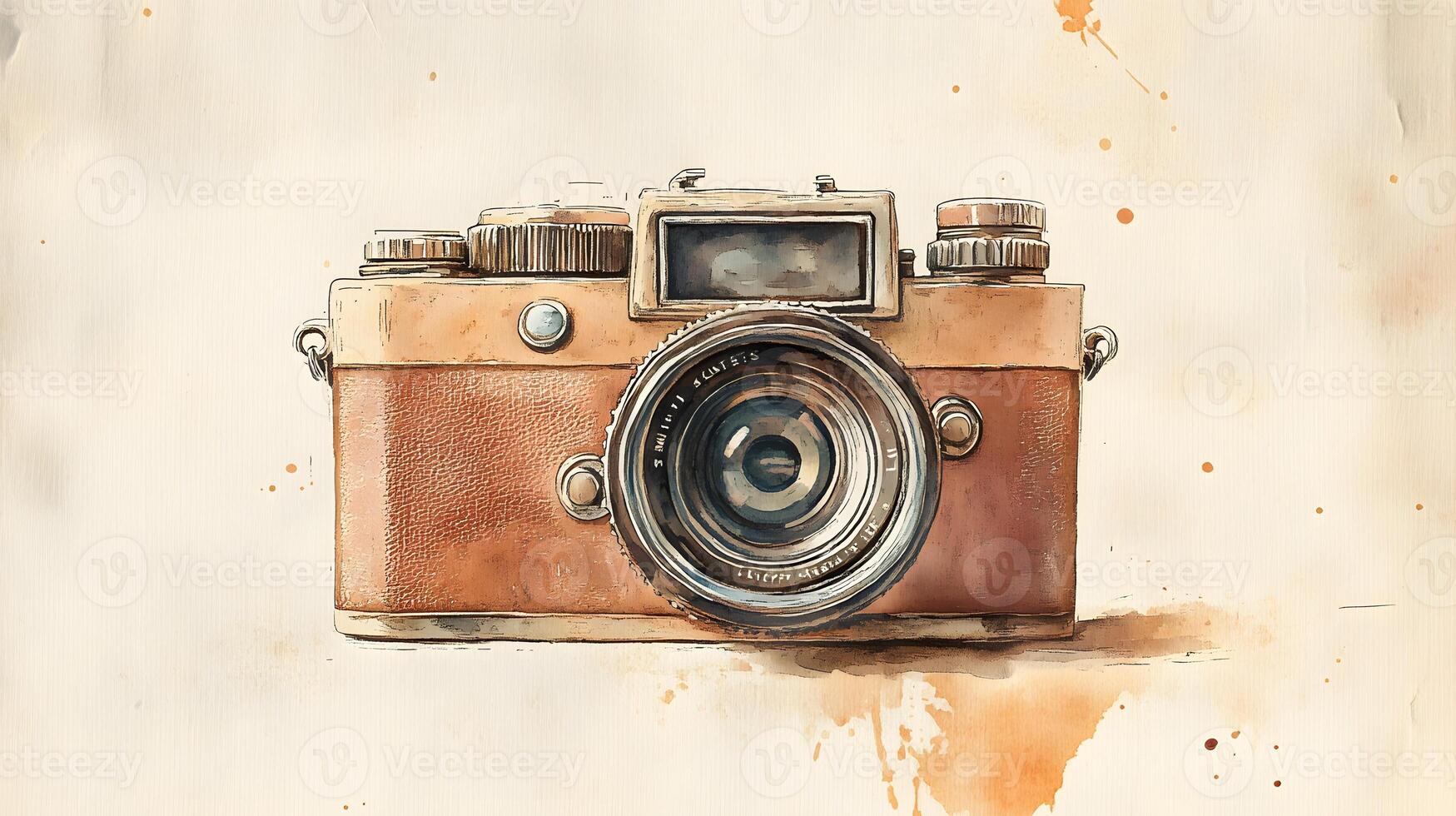 Nostalgic watercolor illustration of vintage camera with brown leather texture, featuring artistic sketch style with coffee stains and sepia tones in travel journal aesthetic. sepia photo