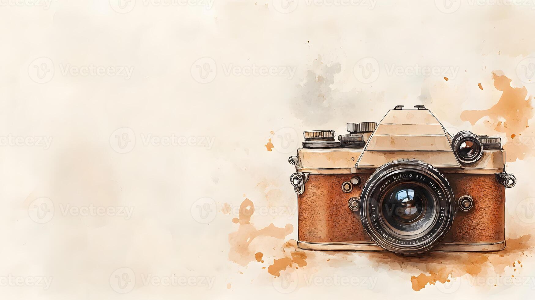 Nostalgic watercolor illustration of vintage camera with brown leather texture, featuring artistic sketch style with coffee stains and sepia tones in travel journal aesthetic. retro photo