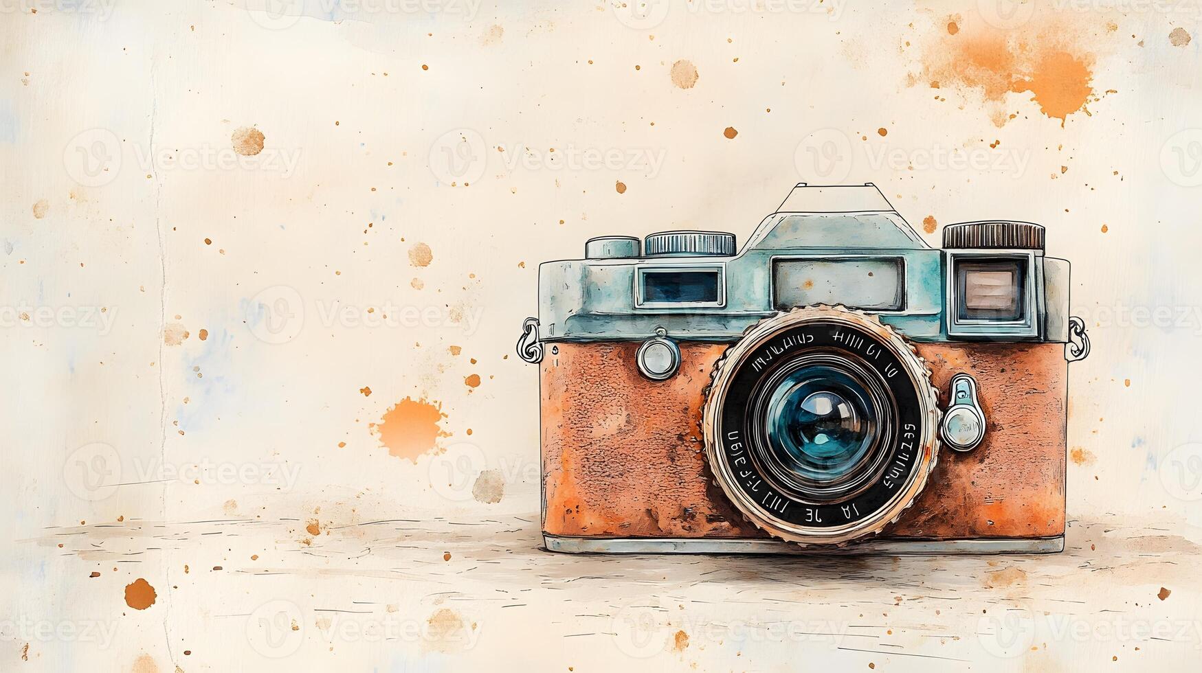 Nostalgic watercolor illustration of vintage camera with brown leather texture, featuring artistic sketch style with coffee stains and sepia tones in travel journal aesthetic. postcards photo