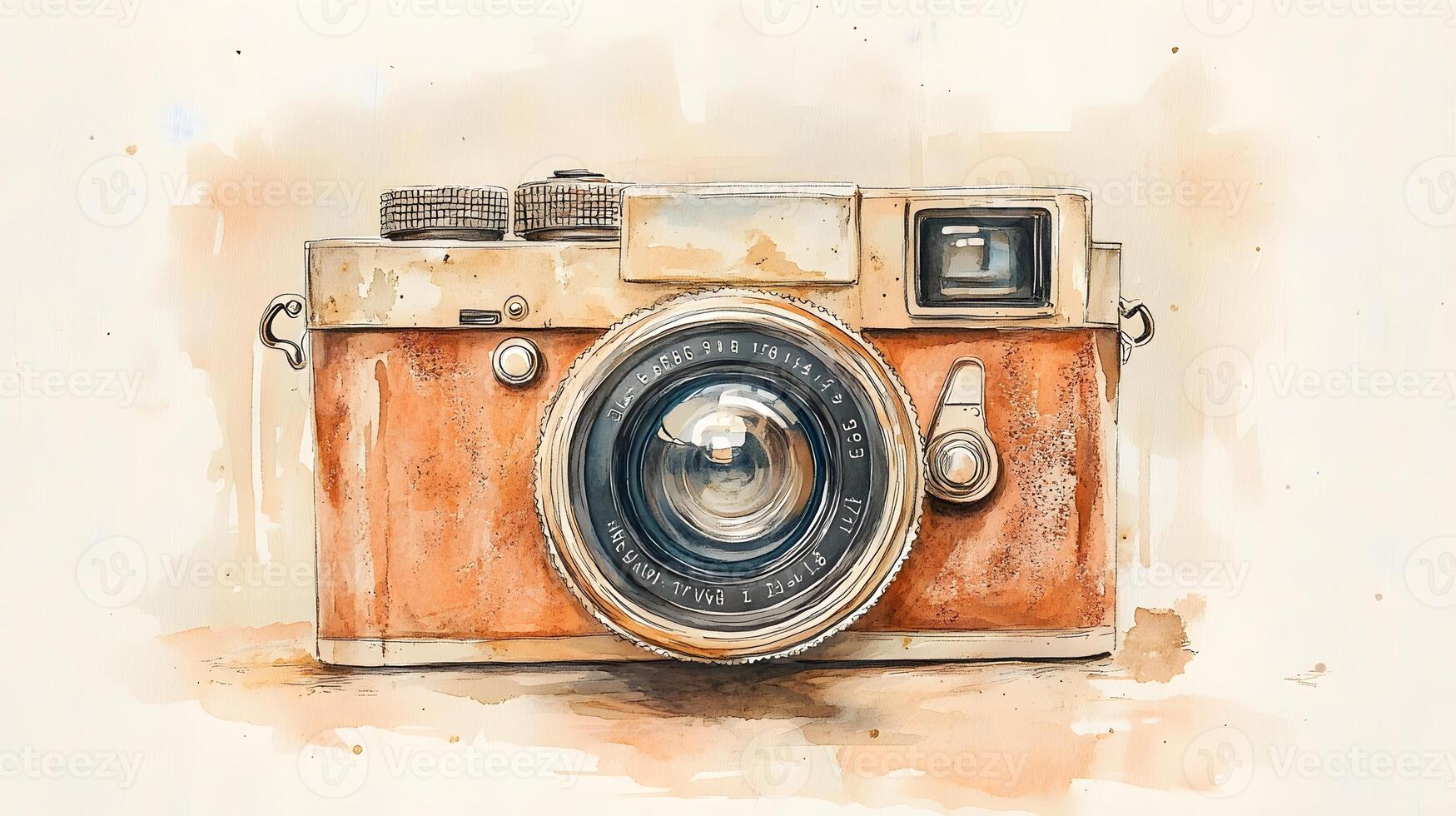 Nostalgic watercolor illustration of vintage camera with brown leather texture, featuring artistic sketch style with coffee stains and sepia tones in travel journal aesthetic. travel photo