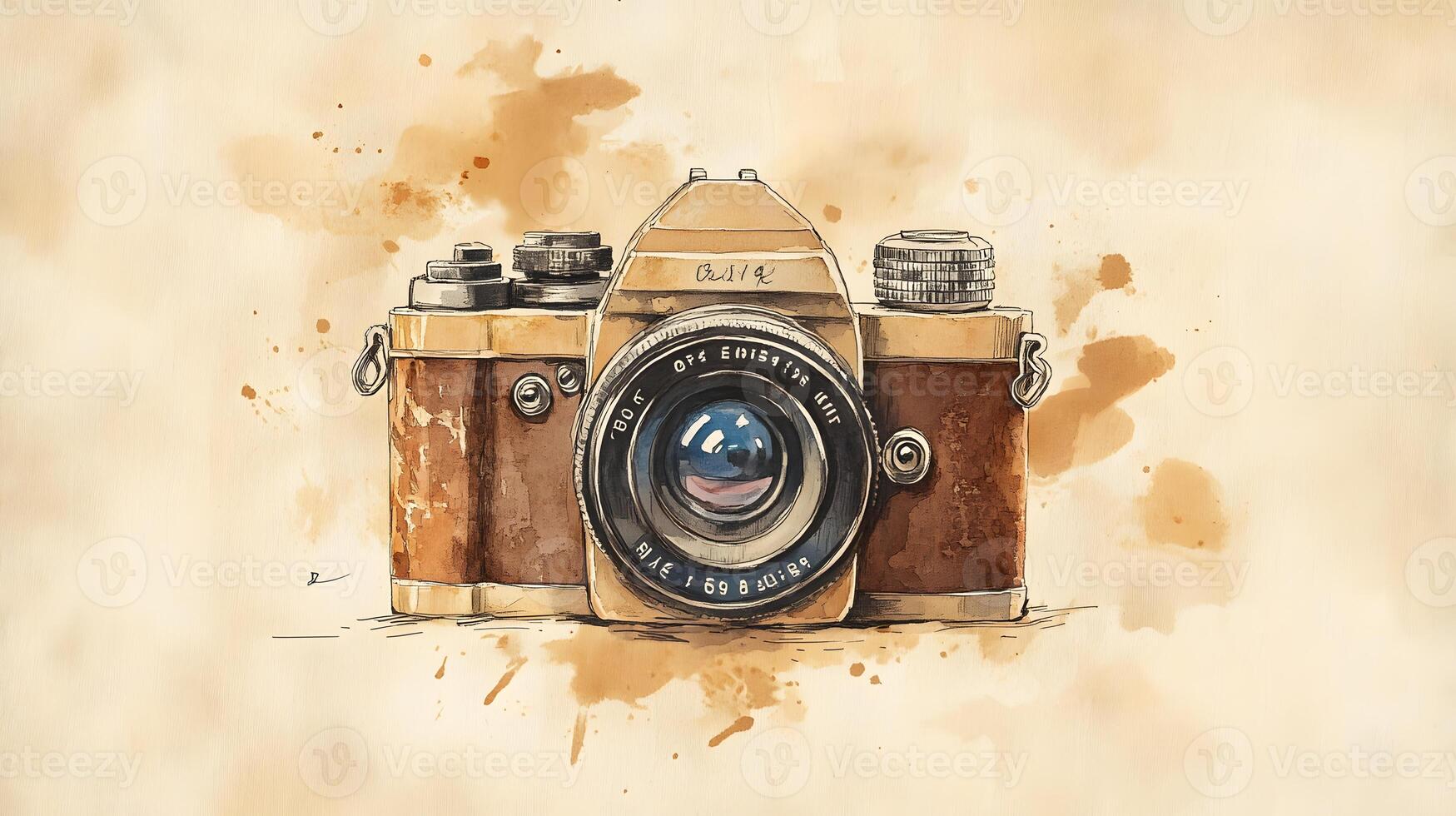 Nostalgic watercolor illustration of vintage camera with brown leather texture, featuring artistic sketch style with coffee stains and sepia tones in travel journal aesthetic. aesthetic photo