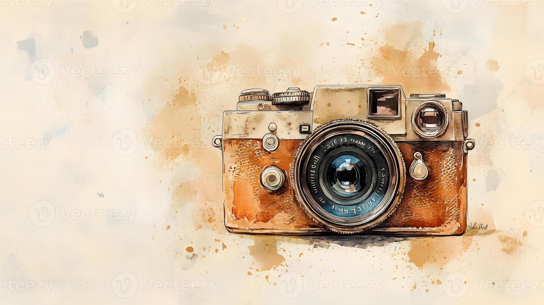 Nostalgic watercolor illustration of vintage camera with brown leather texture, featuring artistic sketch style with coffee stains and sepia tones in travel journal aesthetic. sketch photo