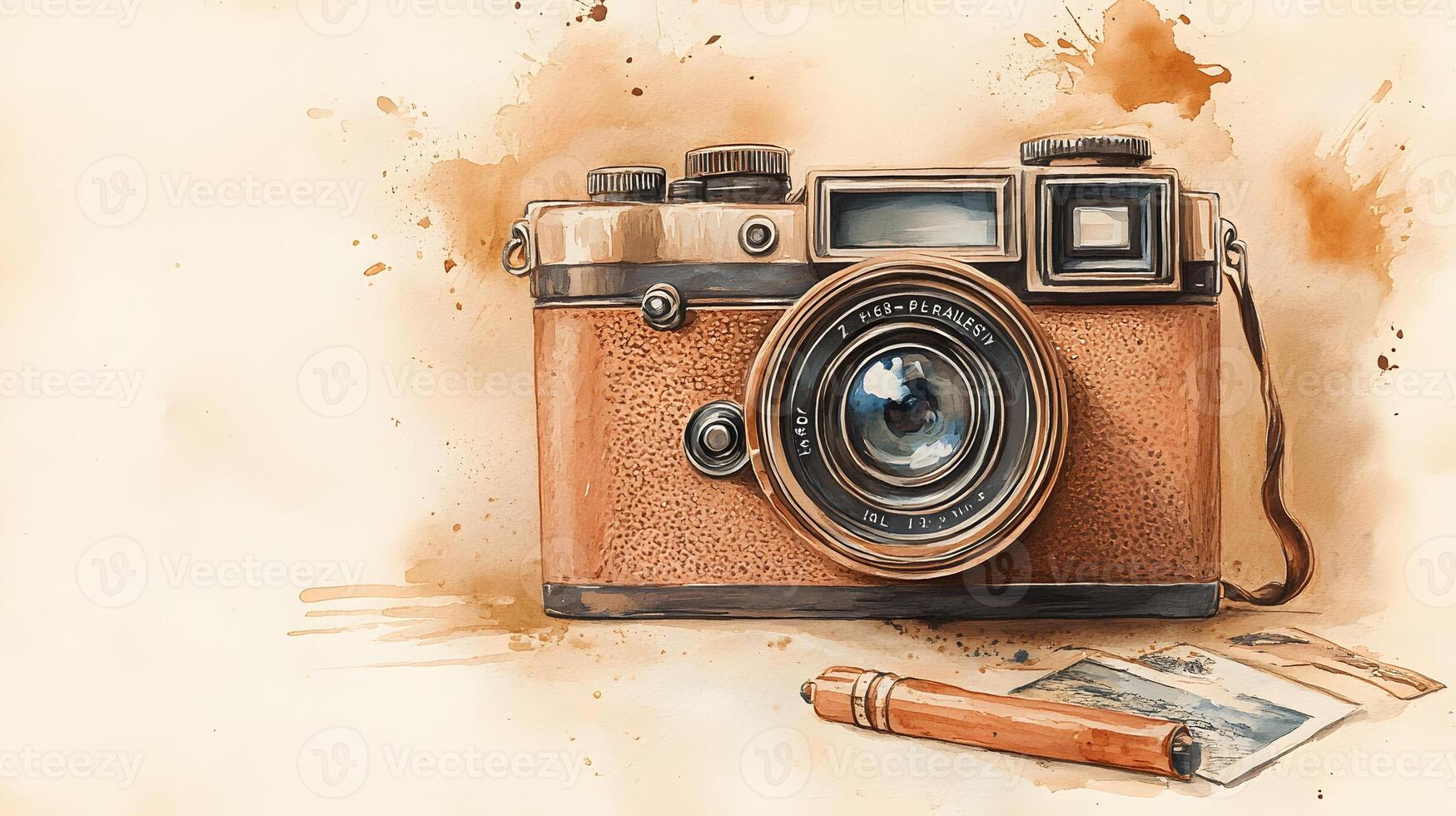 Nostalgic watercolor illustration of vintage camera with brown leather texture, featuring artistic sketch style with coffee stains and sepia tones in travel journal aesthetic. brushstrokes photo