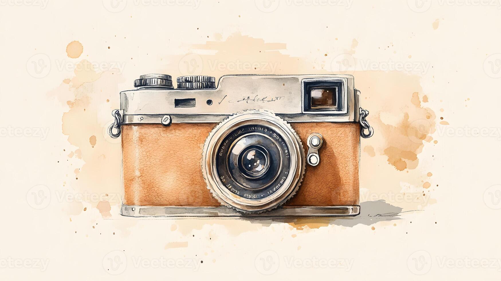 Nostalgic watercolor illustration of vintage camera with brown leather texture, featuring artistic sketch style with coffee stains and sepia tones in travel journal aesthetic. analog photo
