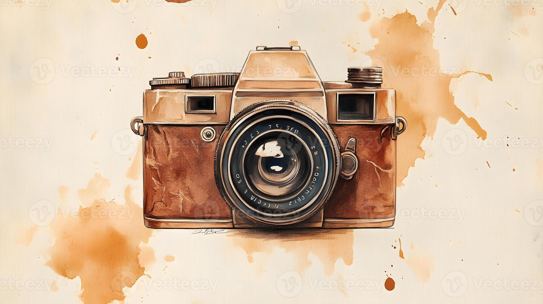 Nostalgic watercolor illustration of vintage camera with brown leather texture, featuring artistic sketch style with coffee stains and sepia tones in travel journal aesthetic. gentle photo