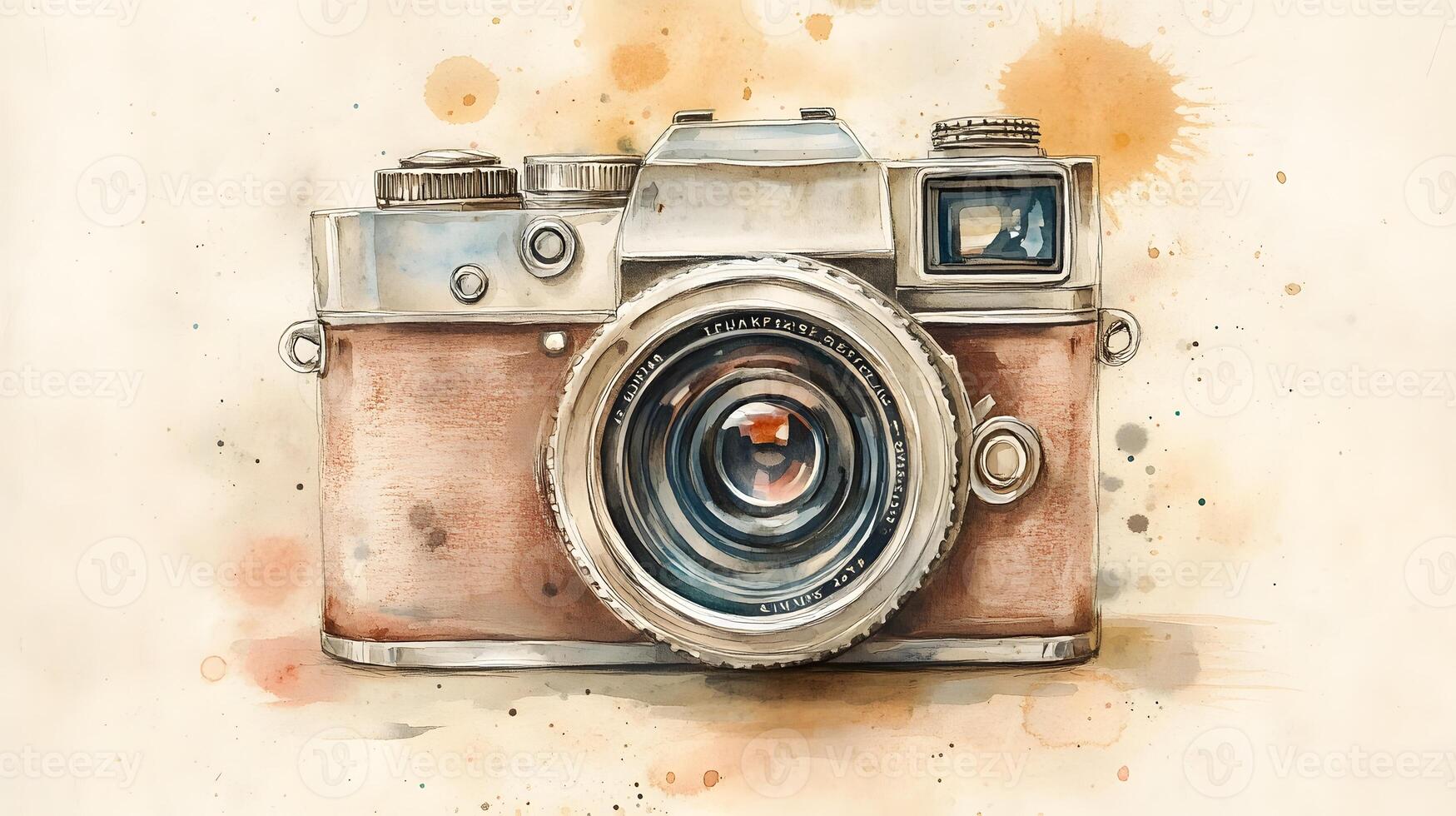 Nostalgic watercolor illustration of vintage camera with brown leather texture, featuring artistic sketch style with coffee stains and sepia tones in travel journal aesthetic. splatters photo