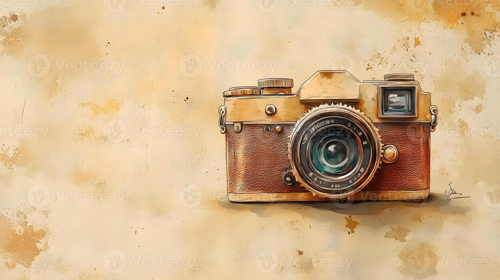 Nostalgic watercolor illustration of vintage camera with brown leather texture, featuring artistic sketch style with coffee stains and sepia tones in travel journal aesthetic. coffee photo