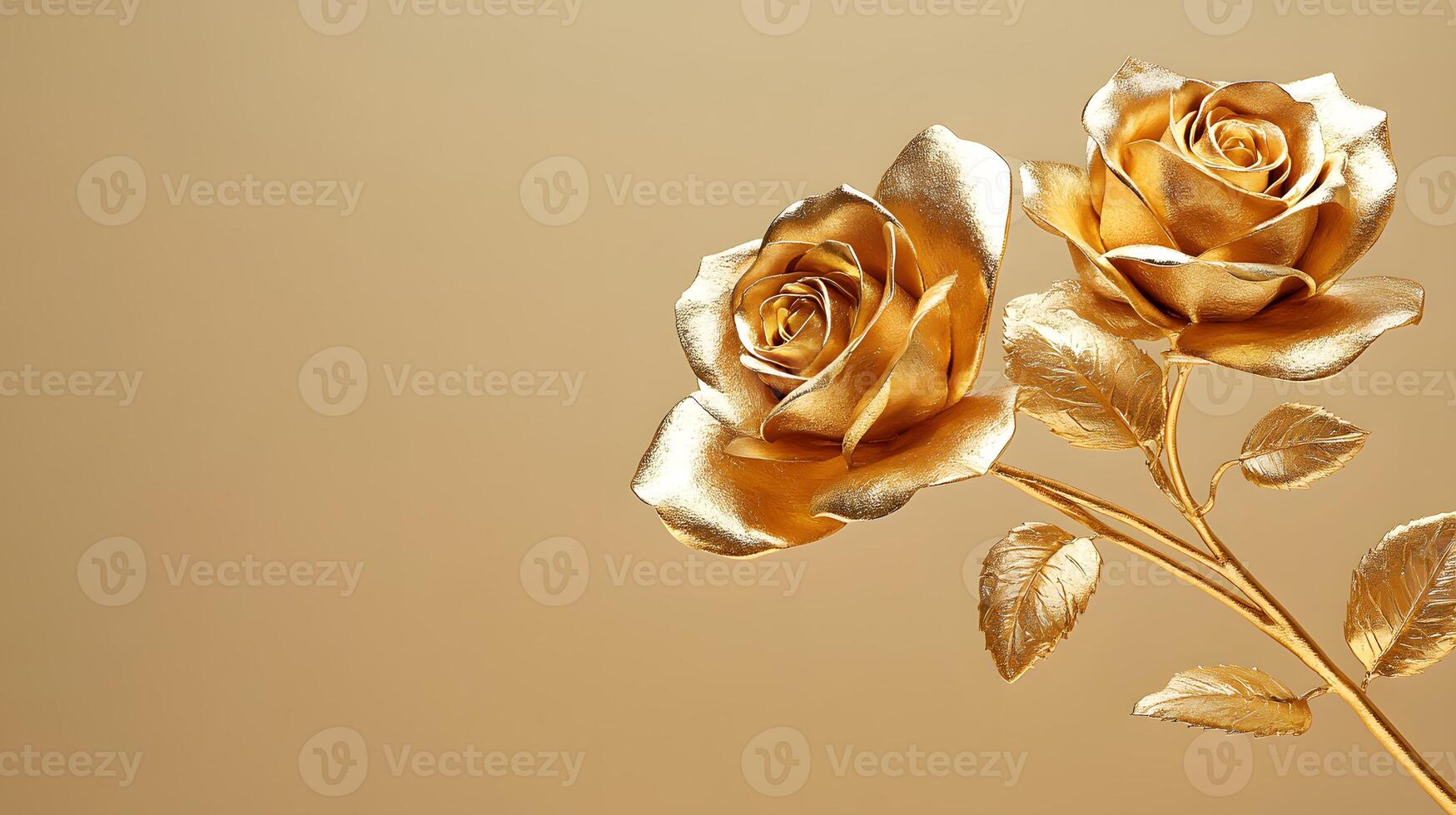 Metallic gold roses branch sculpted in 24k gold displays intricate floral artistry against beige backdrop, photographed with soft lighting in contemporary luxury style. metallic photo