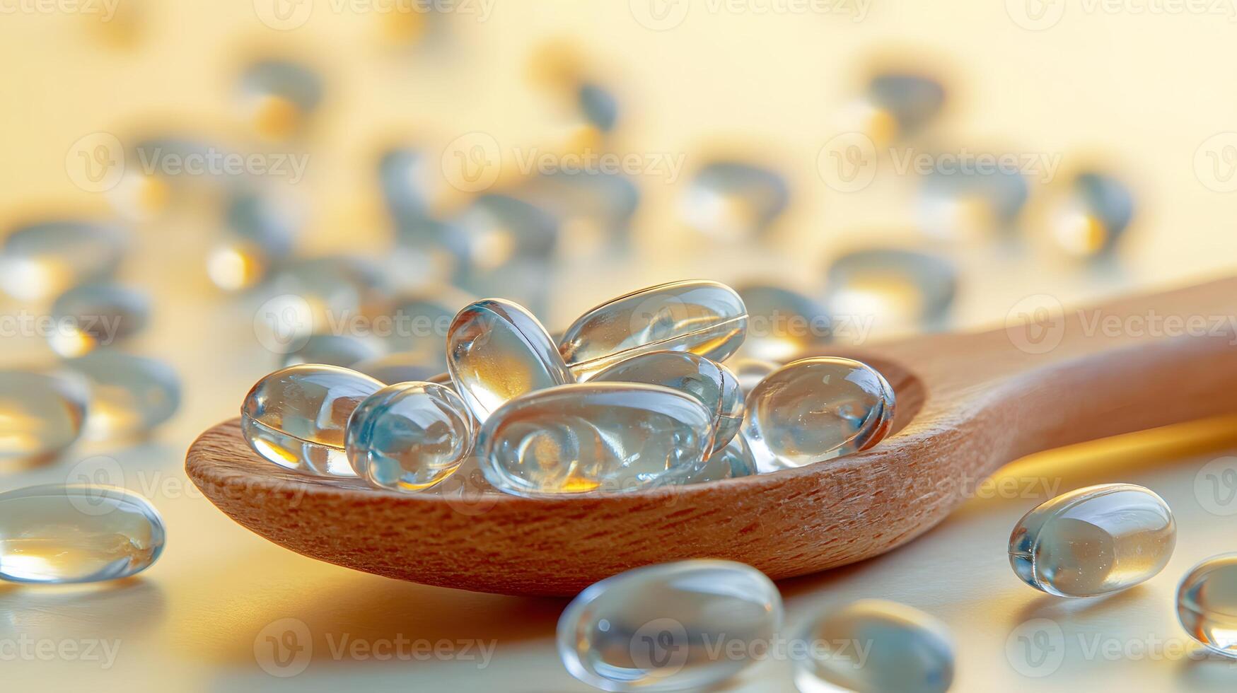 Transparent fish oil capsules scattered around wooden spoon against light yellow backdrop create pharmaceutical still life with soft focus and high-key lighting effects. healing photo