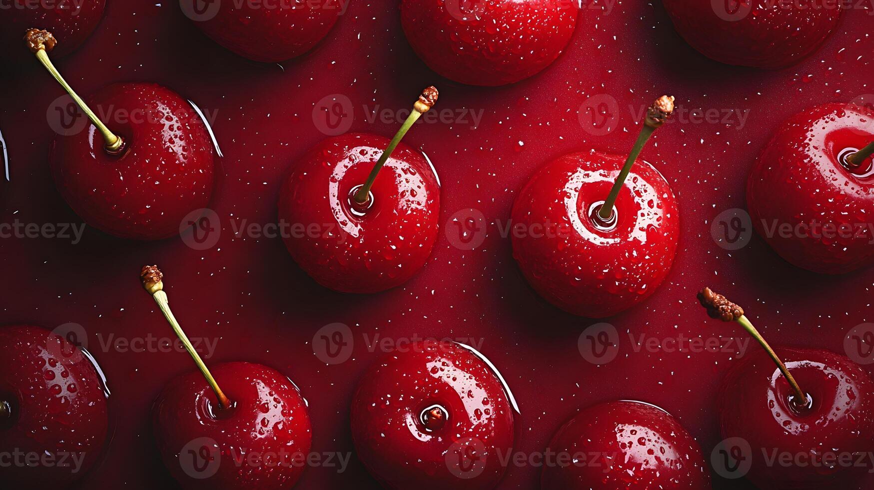 Sweet cherries with stems arranged in pattern against burgundy background, showcasing glossy fruits in flat lay composition with dramatic lighting and vibrant colors. botanical photo
