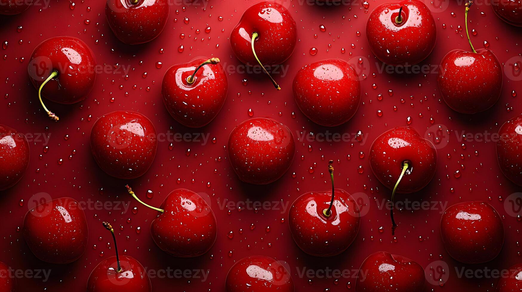 Sweet cherries with stems arranged in pattern against burgundy background, showcasing glossy fruits in flat lay composition with dramatic lighting and vibrant colors. culinary photo