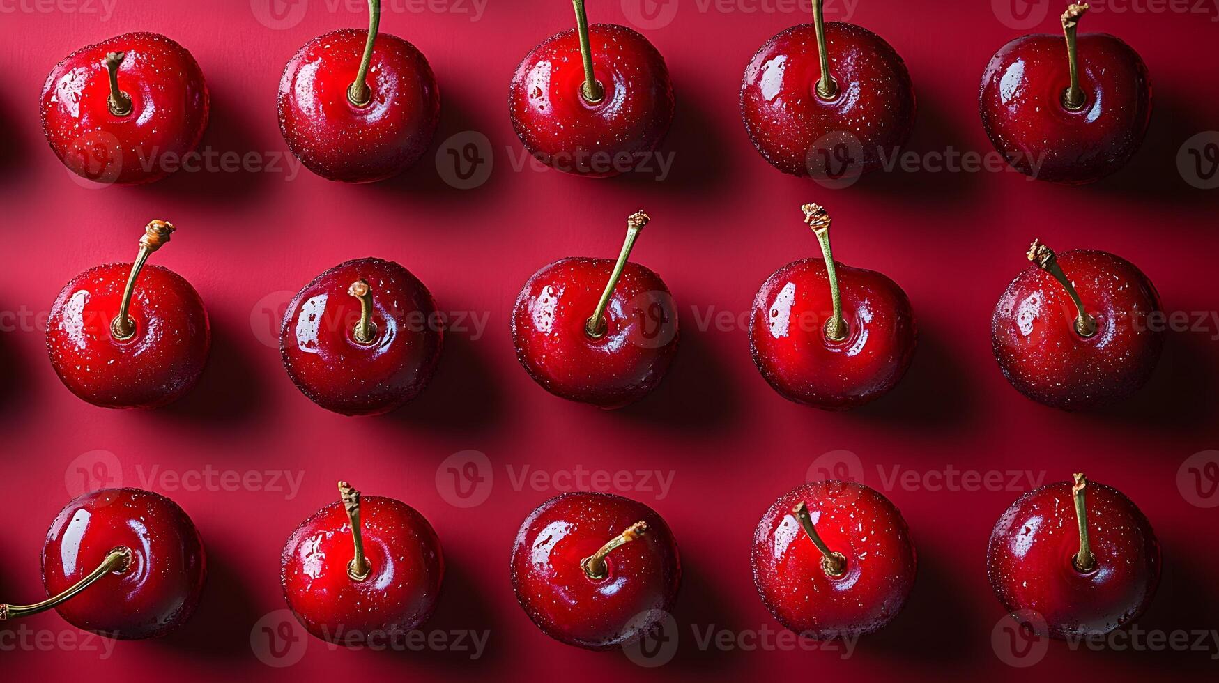 Sweet cherries with stems arranged in pattern against burgundy background, showcasing glossy fruits in flat lay composition with dramatic lighting and vibrant colors. appetizing photo
