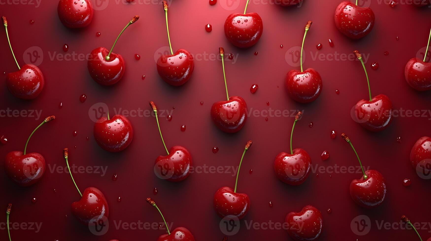 Sweet cherries with stems arranged in pattern against burgundy background, showcasing glossy fruits in flat lay composition with dramatic lighting and vibrant colors. nutritious photo