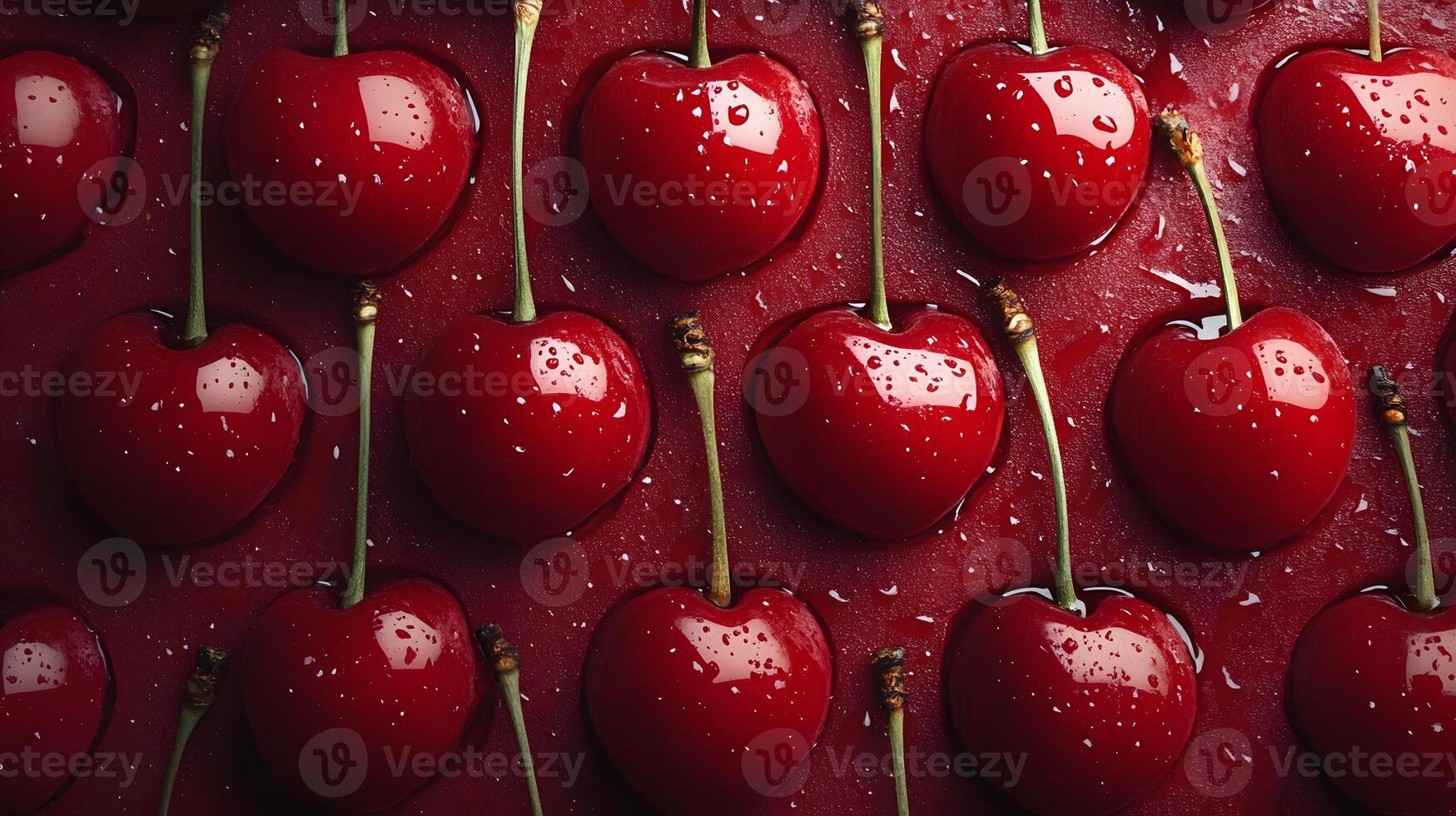 Sweet cherries with stems arranged in pattern against burgundy background, showcasing glossy fruits in flat lay composition with dramatic lighting and vibrant colors. red photo