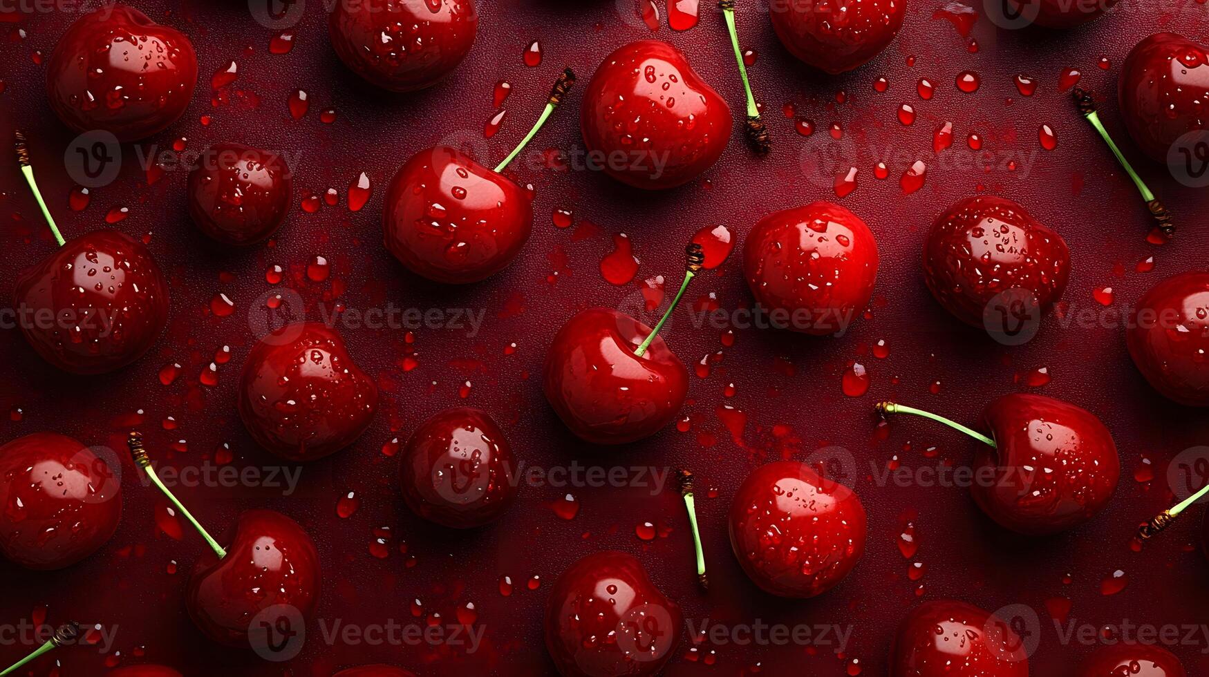 Sweet cherries with stems arranged in pattern against burgundy background, showcasing glossy fruits in flat lay composition with dramatic lighting and vibrant colors. fruits photo