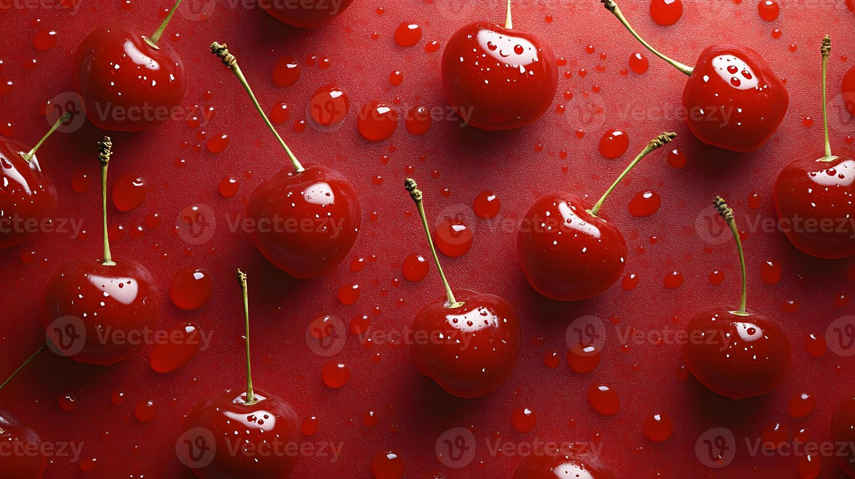 Sweet cherries with stems arranged in pattern against burgundy background, showcasing glossy fruits in flat lay composition with dramatic lighting and vibrant colors. stems photo
