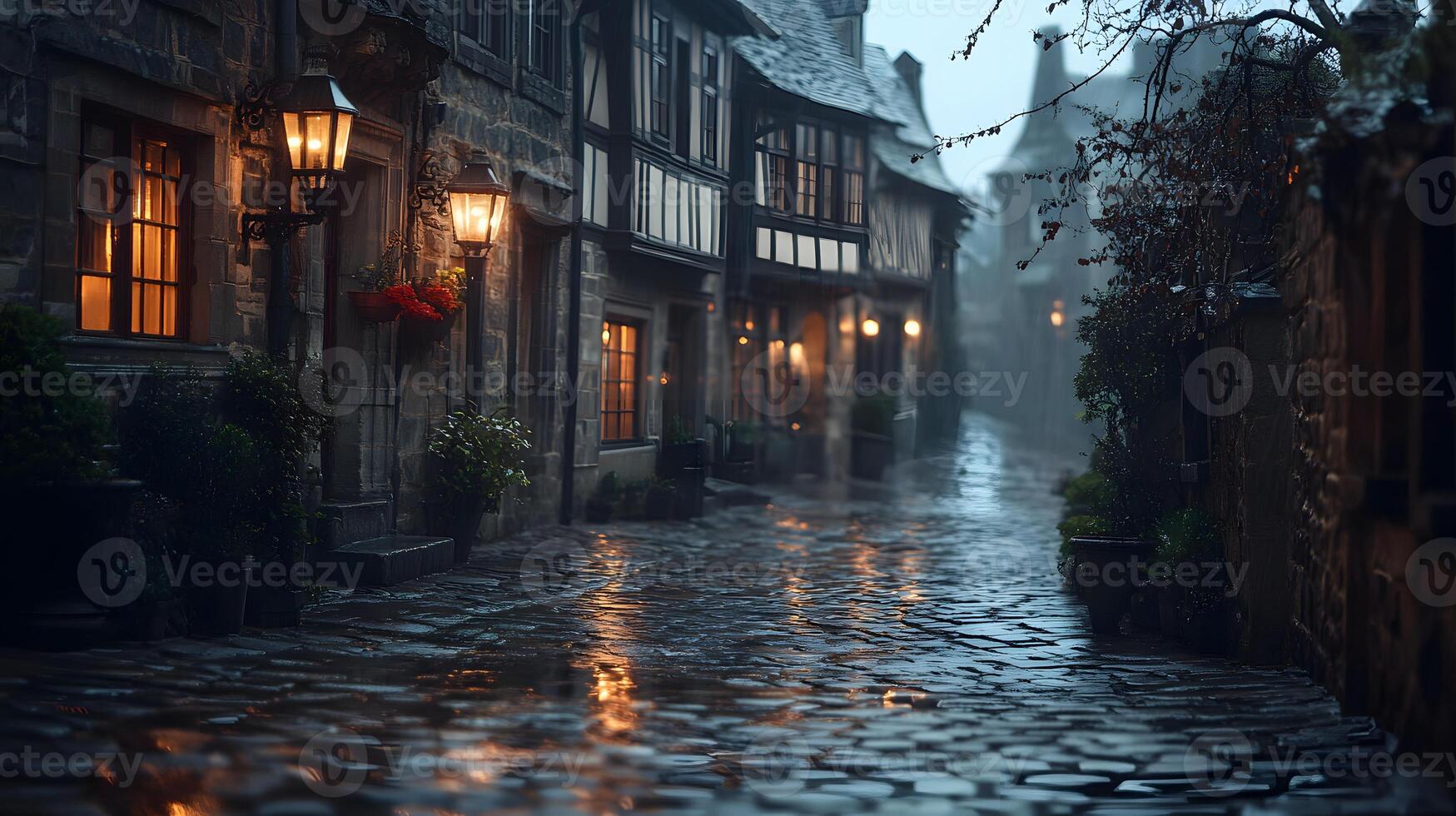Stone-paved medieval street lined with historic buildings features warm glowing windows and vintage lamps, photographed from low angle in moody evening atmosphere with fog effects. passages photo