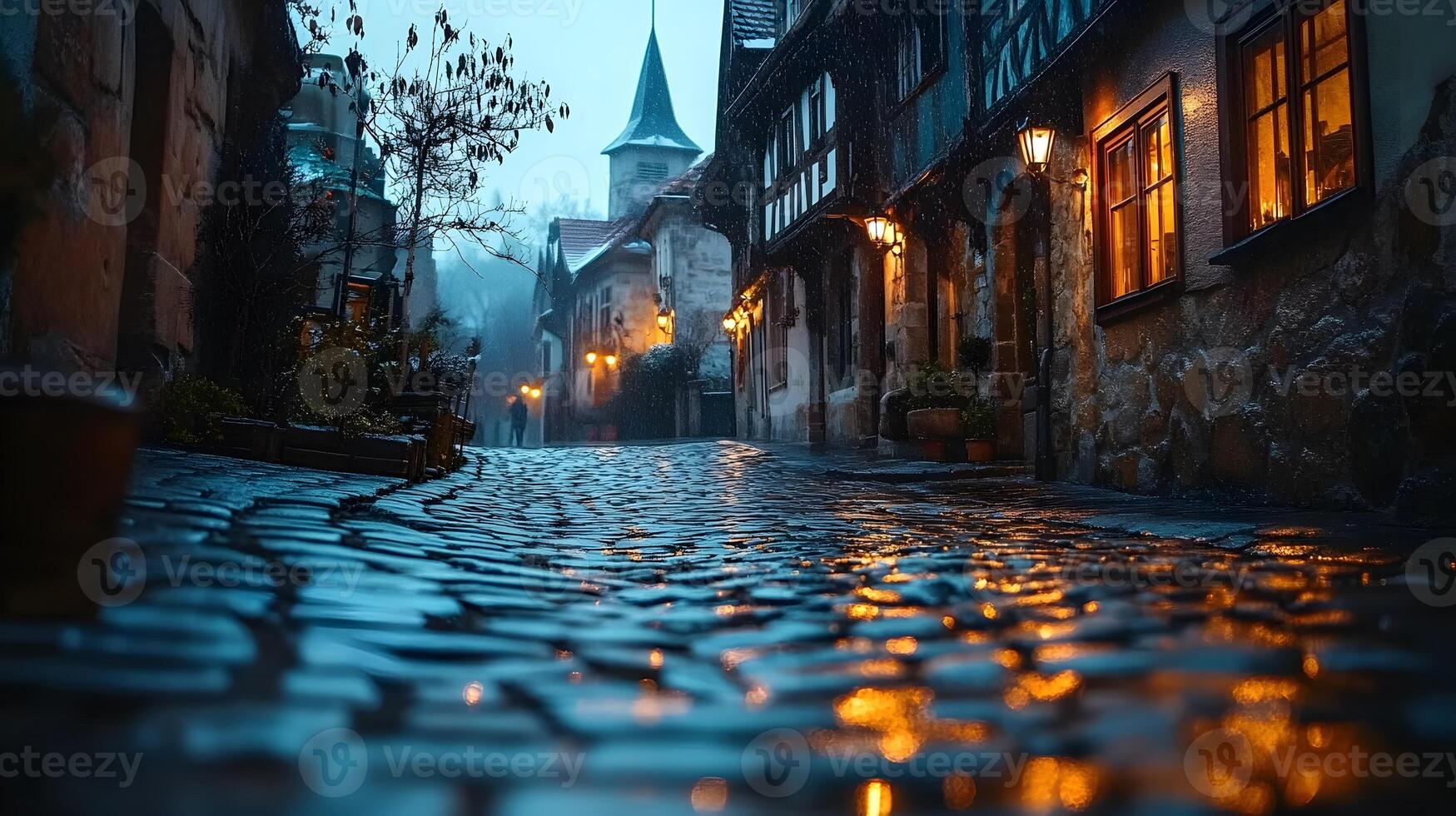 Stone-paved medieval street lined with historic buildings features warm glowing windows and vintage lamps, photographed from low angle in moody evening atmosphere with fog effects. buildings photo