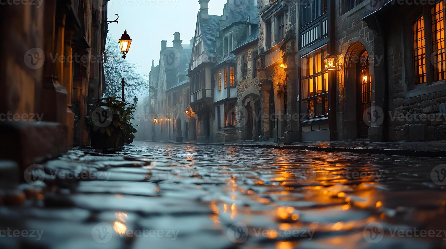 Stone-paved medieval street lined with historic buildings features warm glowing windows and vintage lamps, photographed from low angle in moody evening atmosphere with fog effects. fog photo