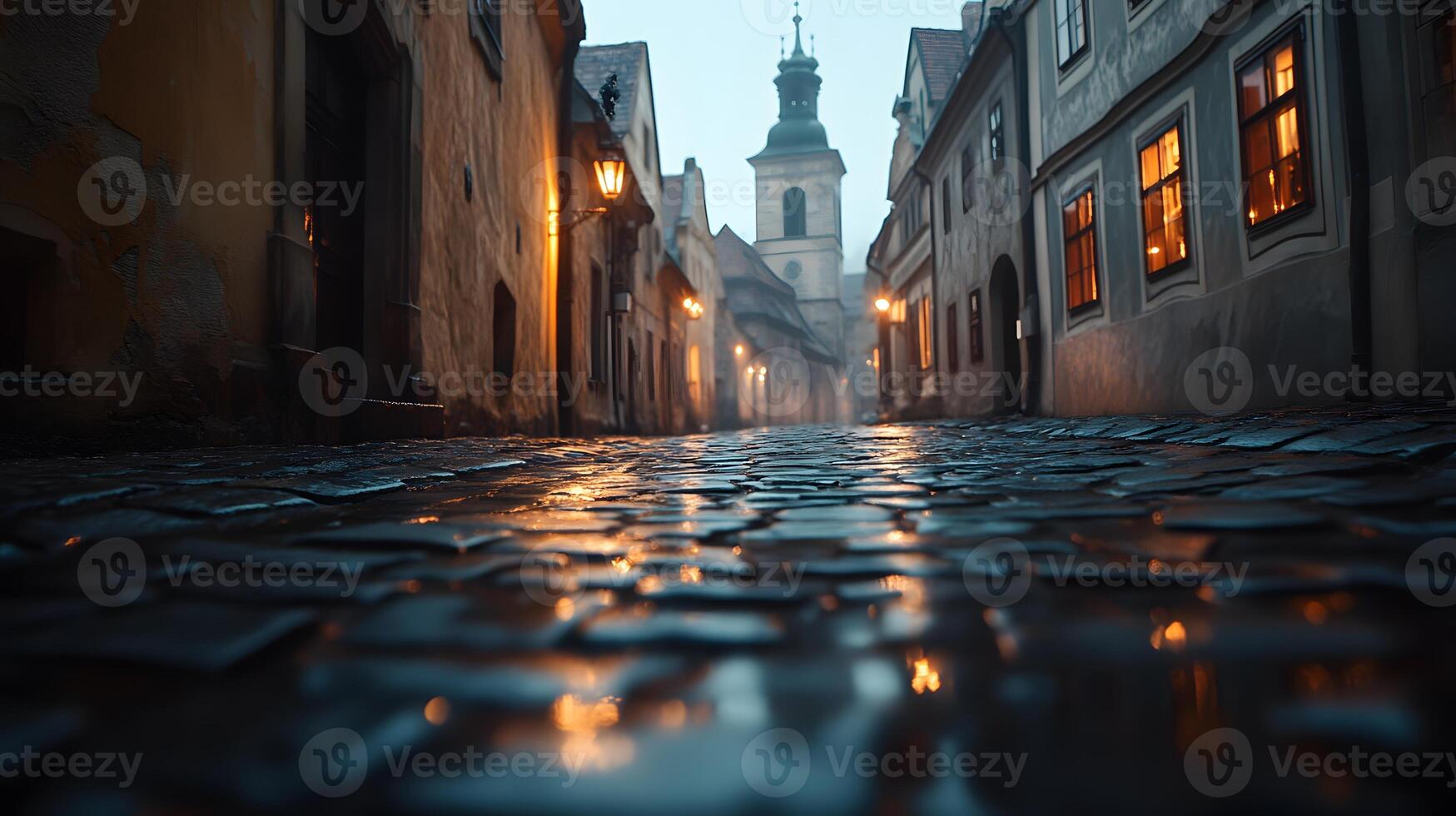 Stone-paved medieval street lined with historic buildings features warm glowing windows and vintage lamps, photographed from low angle in moody evening atmosphere with fog effects. windows photo