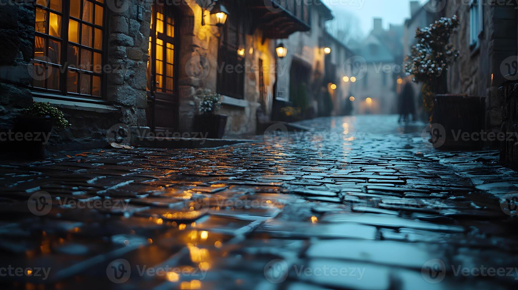 Stone-paved medieval street lined with historic buildings features warm glowing windows and vintage lamps, photographed from low angle in moody evening atmosphere with fog effects. street photo
