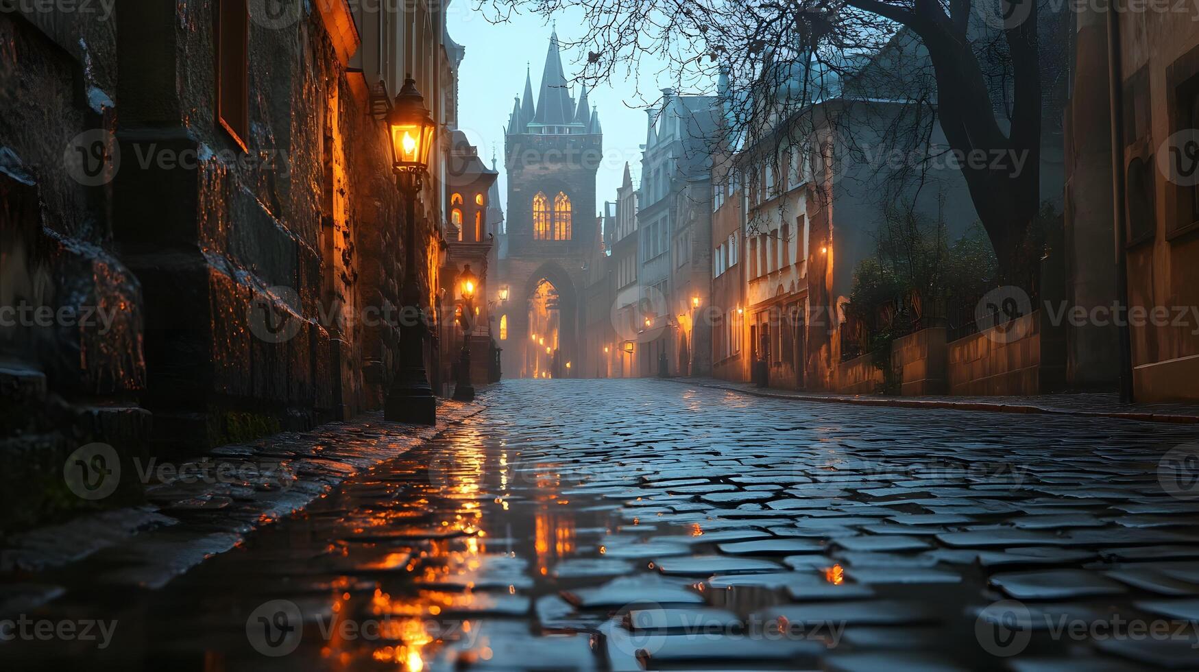 Stone-paved medieval street lined with historic buildings features warm glowing windows and vintage lamps, photographed from low angle in moody evening atmosphere with fog effects. historic photo