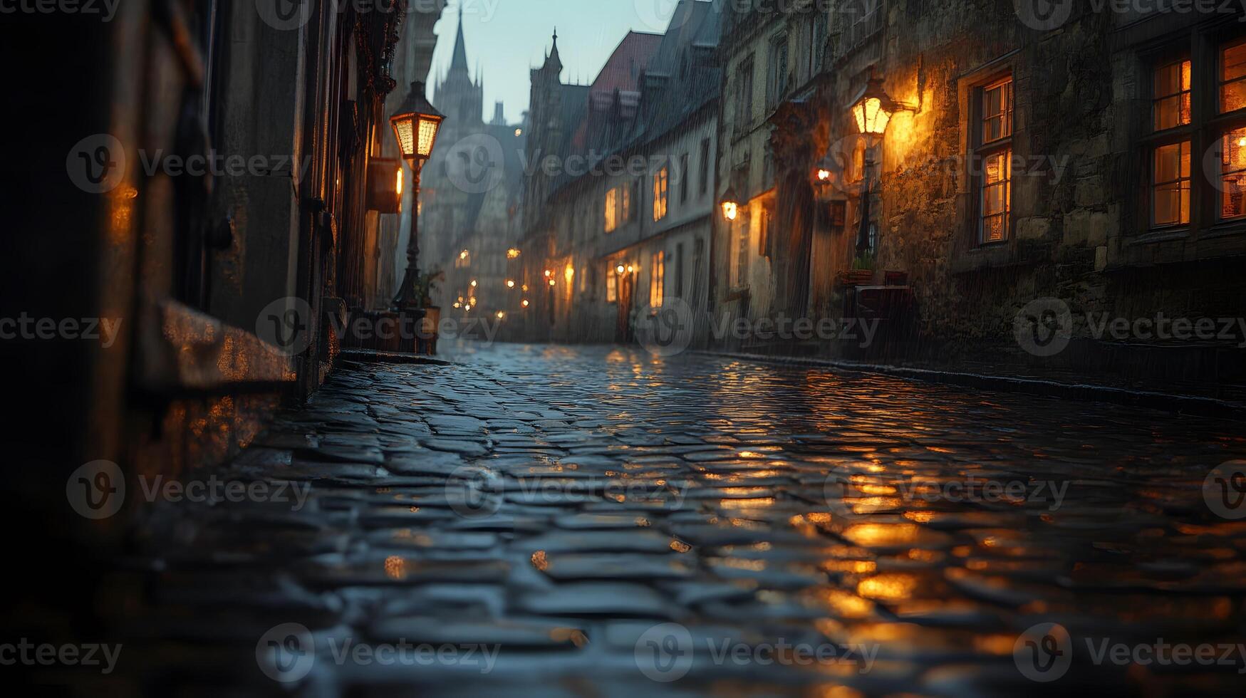 Stone-paved medieval street lined with historic buildings features warm glowing windows and vintage lamps, photographed from low angle in moody evening atmosphere with fog effects. atmospheric photo
