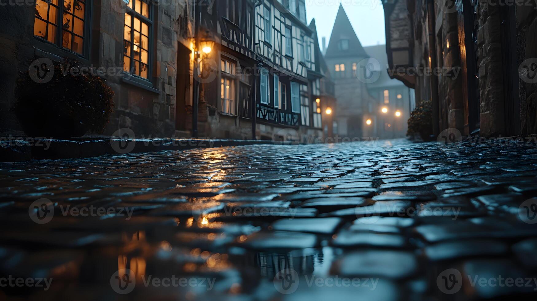 Stone-paved medieval street lined with historic buildings features warm glowing windows and vintage lamps, photographed from low angle in moody evening atmosphere with fog effects. gothic photo