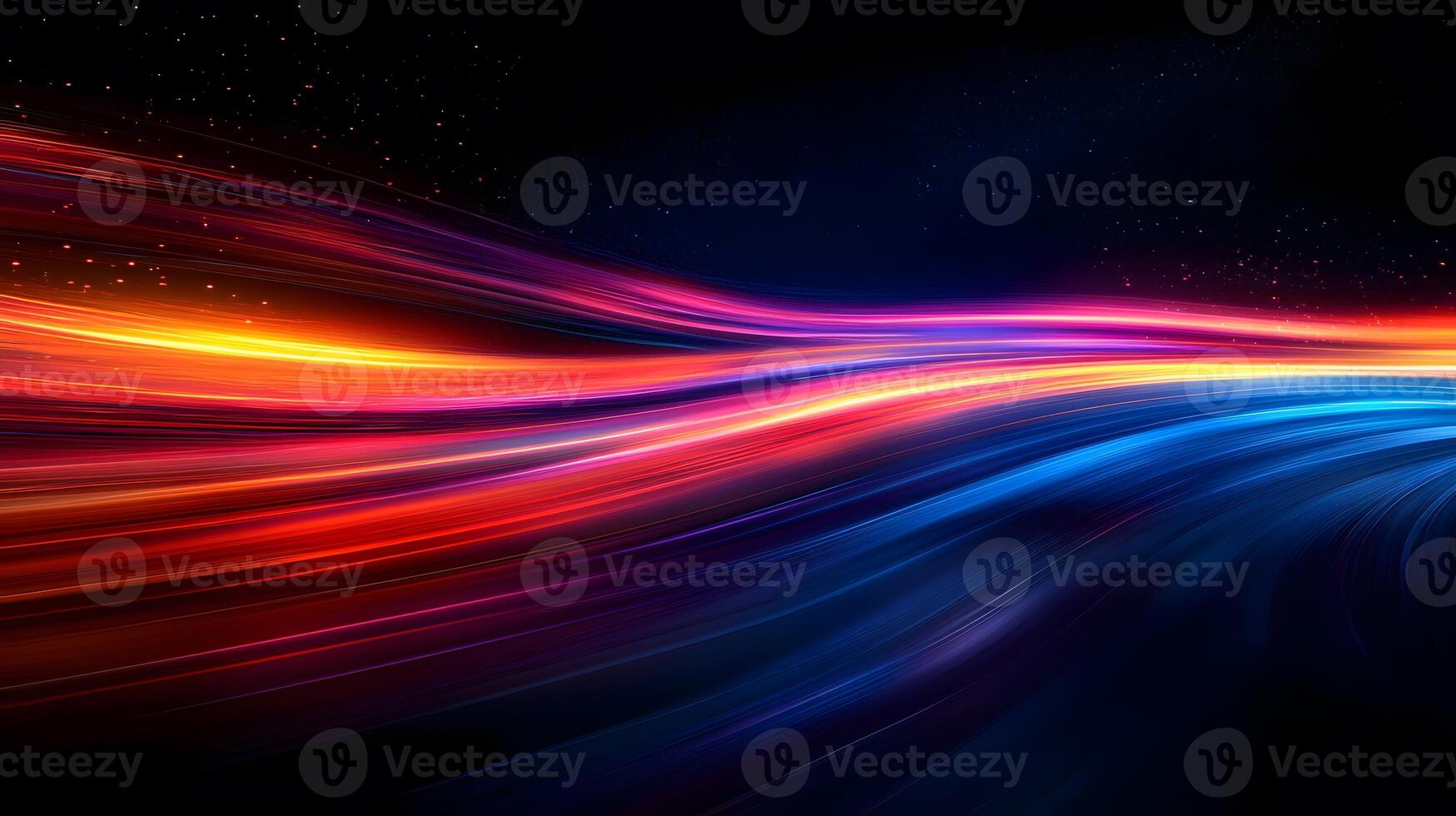 Night highway captures flowing light trails from cars in long exposure, creating glowing streaks against dark sky with urban silhouette and neon color effects. lights photo