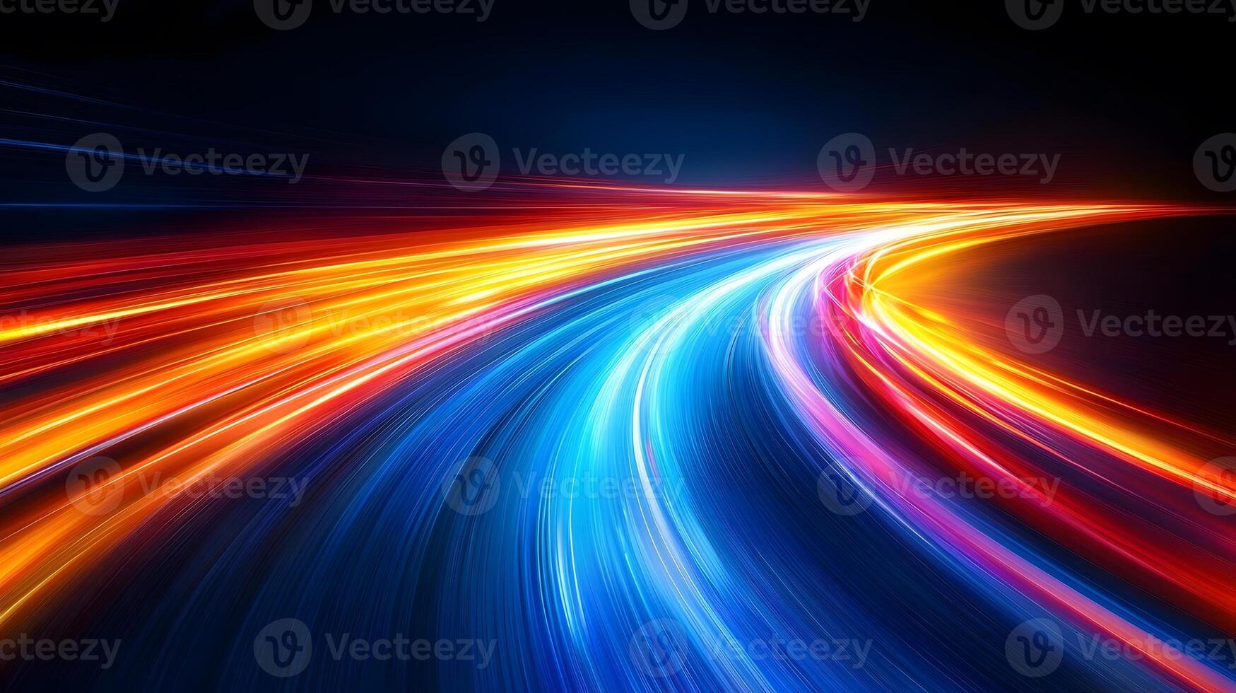 Night highway captures flowing light trails from cars in long exposure, creating glowing streaks against dark sky with urban silhouette and neon color effects. futuristic photo