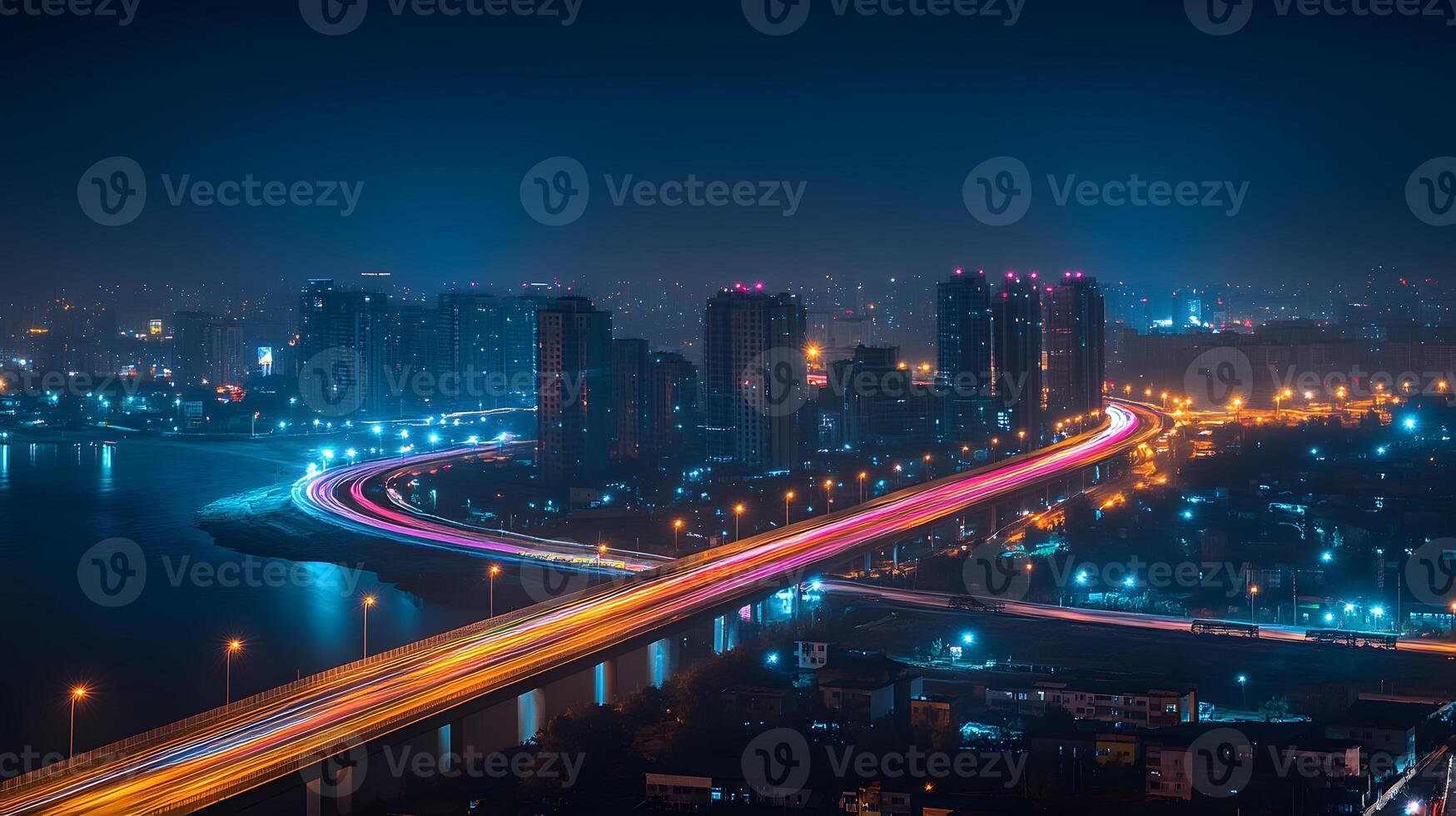 Night highway captures flowing light trails from cars in long exposure, creating glowing streaks against dark sky with urban silhouette and neon color effects. glowing photo