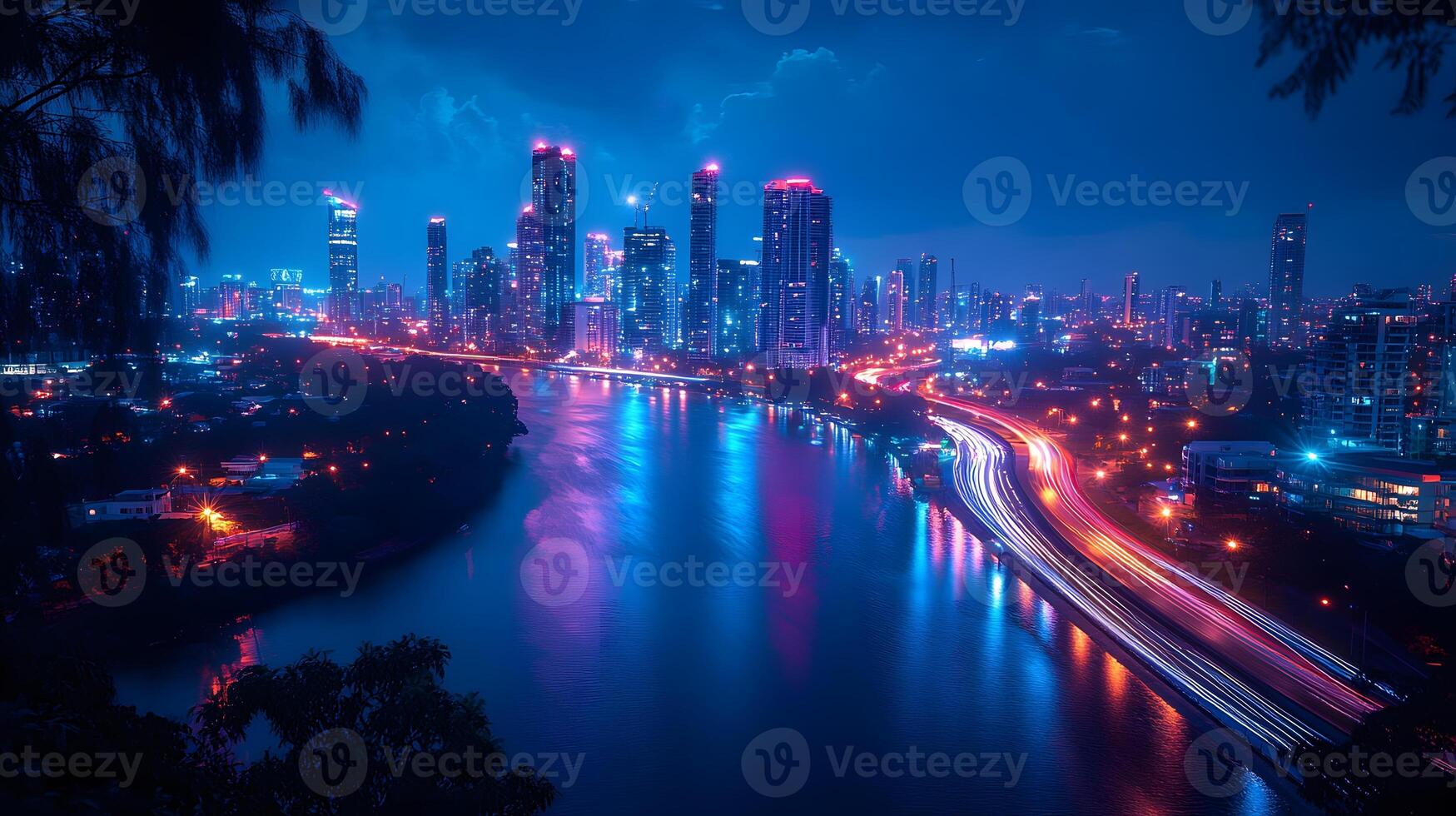 Night highway captures flowing light trails from cars in long exposure, creating glowing streaks against dark sky with urban silhouette and neon color effects. illuminated photo
