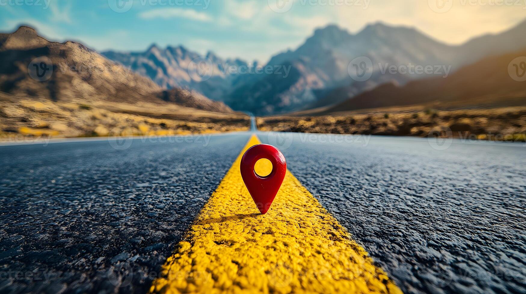 Red location pin marker stands out against yellow road line on empty desert highway, with mountain silhouettes and vibrant blue sky creating cinematic travel scene. sky photo