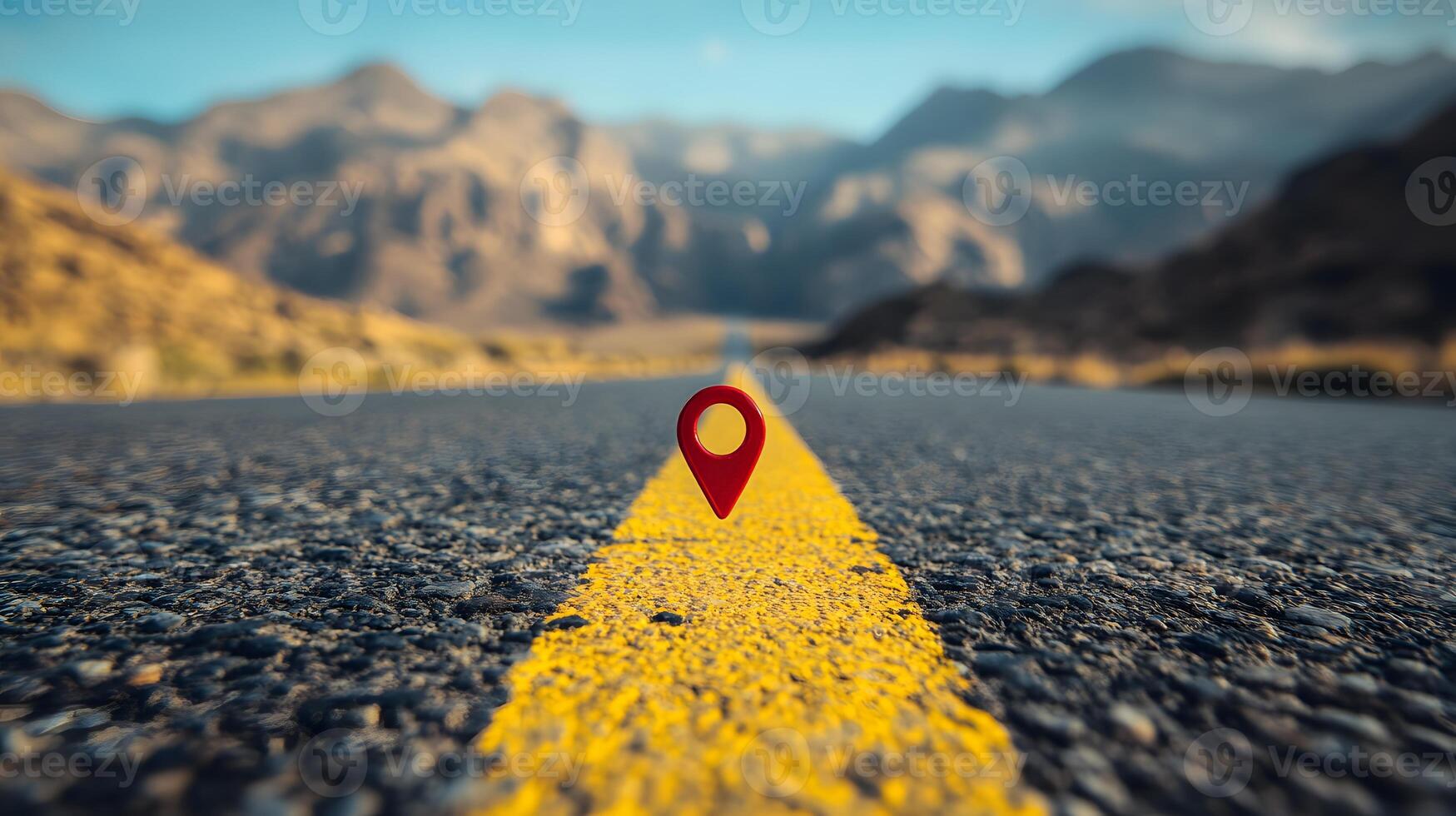Red location pin marker stands out against yellow road line on empty desert highway, with mountain silhouettes and vibrant blue sky creating cinematic travel scene. travel photo