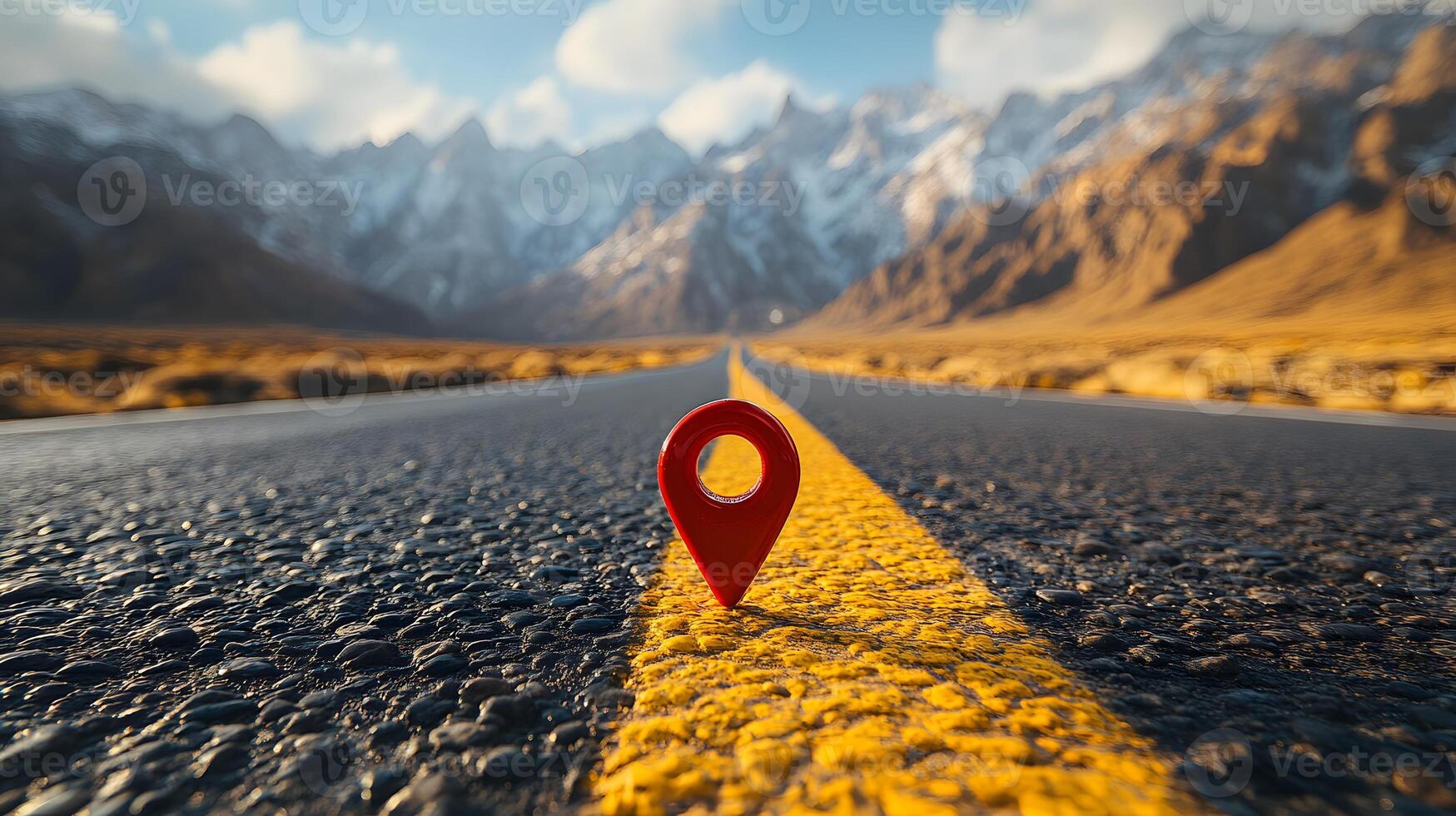 Red location pin marker stands out against yellow road line on empty desert highway, with mountain silhouettes and vibrant blue sky creating cinematic travel scene. cinematic photo