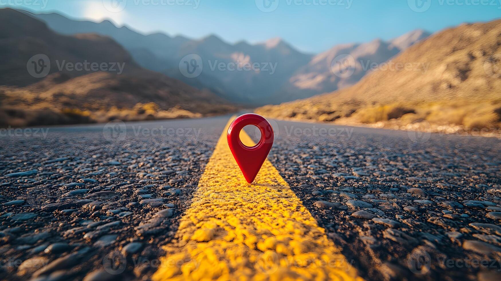 Red location pin marker stands out against yellow road line on empty desert highway, with mountain silhouettes and vibrant blue sky creating cinematic travel scene. journey photo