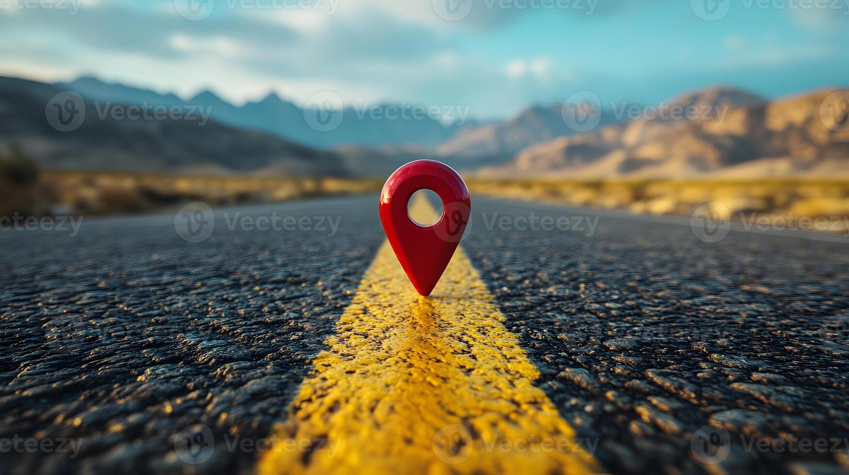 Red location pin marker stands out against yellow road line on empty desert highway, with mountain silhouettes and vibrant blue sky creating cinematic travel scene. discovery photo