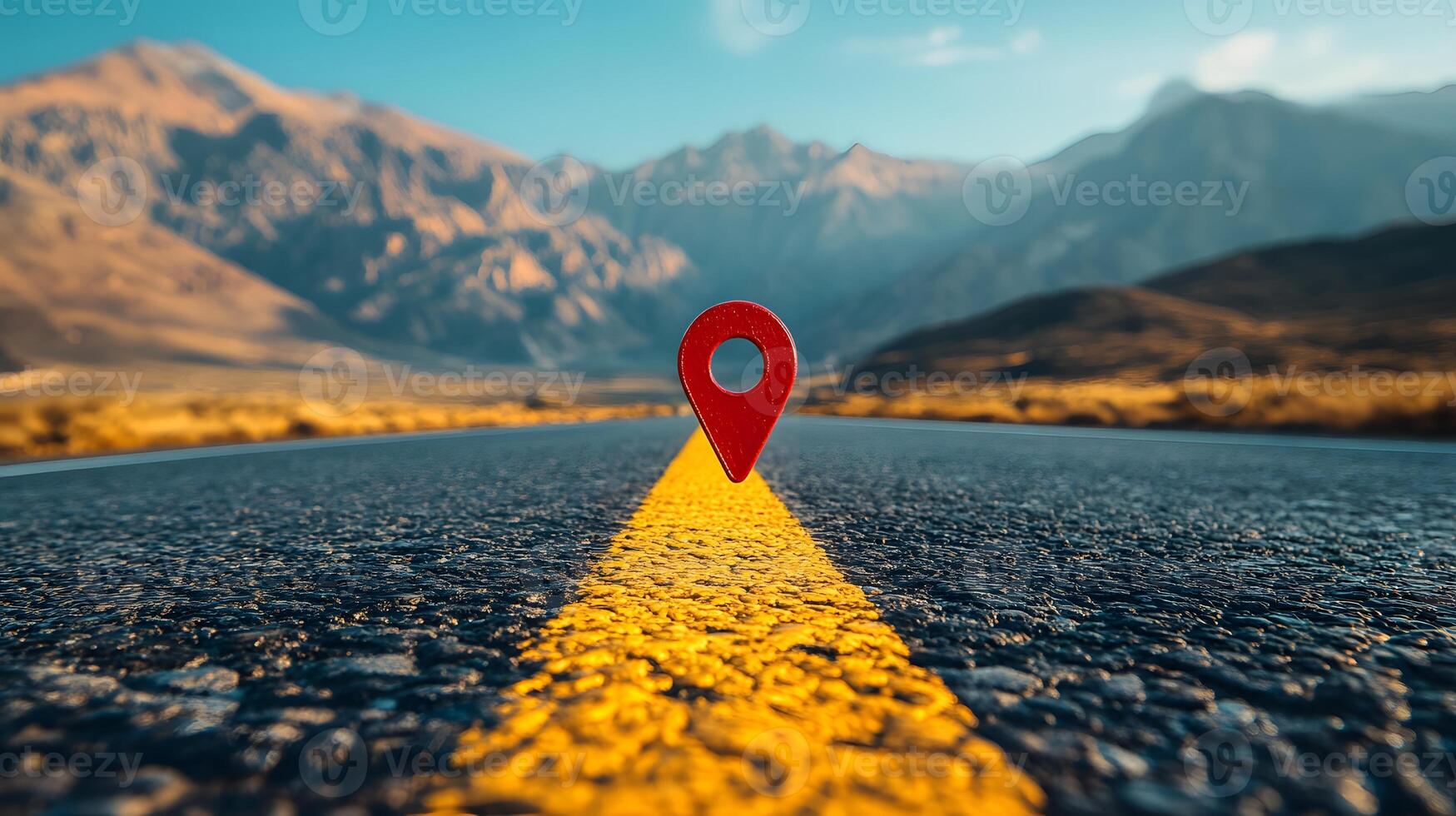 Red location pin marker stands out against yellow road line on empty desert highway, with mountain silhouettes and vibrant blue sky creating cinematic travel scene. direction photo
