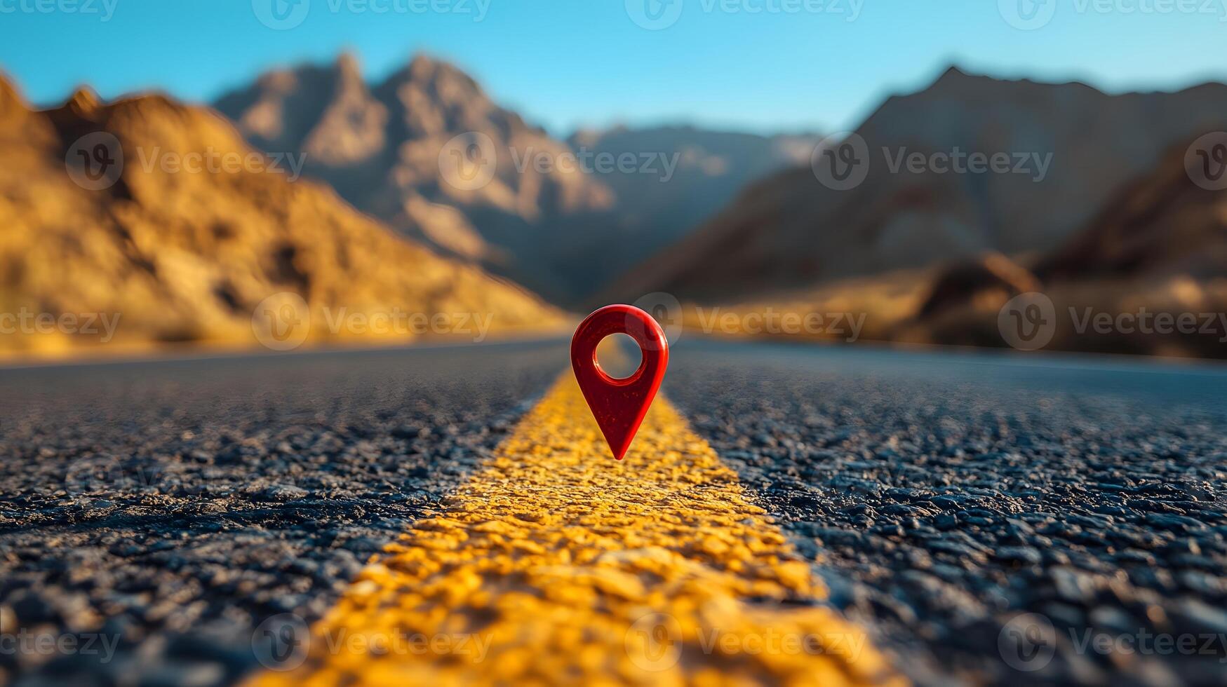 Red location pin marker stands out against yellow road line on empty desert highway, with mountain silhouettes and vibrant blue sky creating cinematic travel scene. indication photo