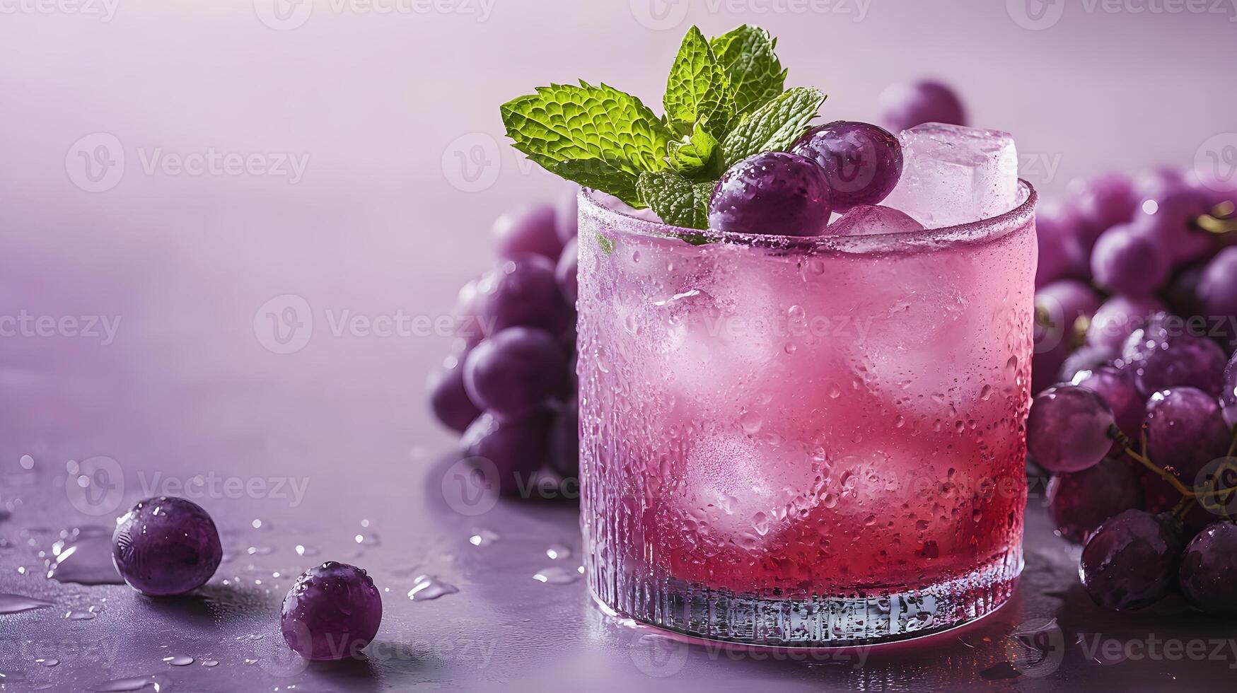Refreshing purple cocktail garnished with mint and grapes sparkles in crystalline glass, capturing dewdrops effect against soft lavender backdrop, presented key lighting and luxury styling photo