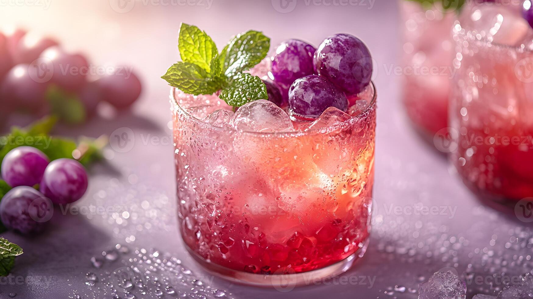 Refreshing purple cocktail garnished with mint and grapes sparkles in crystalline glass, capturing dewdrops effect against soft lavender backdrop, presented with high-key lighting nd luxury styling photo
