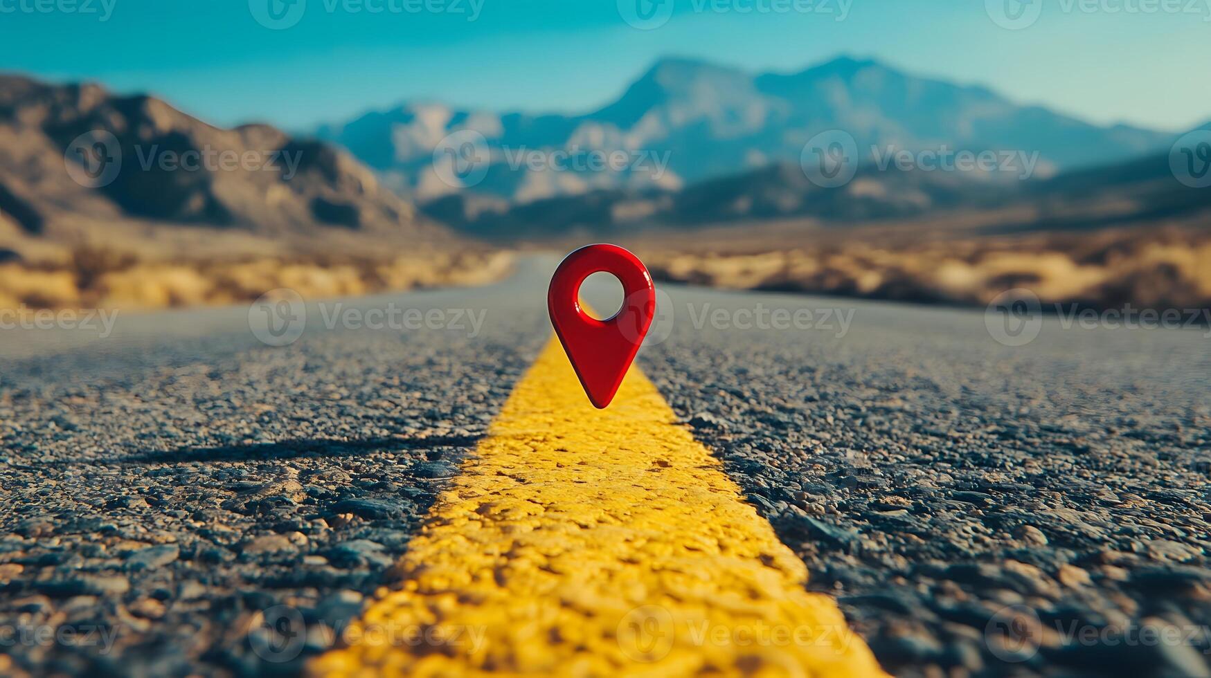 Red location pin marker stands out against yellow road line on empty desert highway, with mountain silhouettes and vibrant blue sky creating cinematic travel scene. placement photo