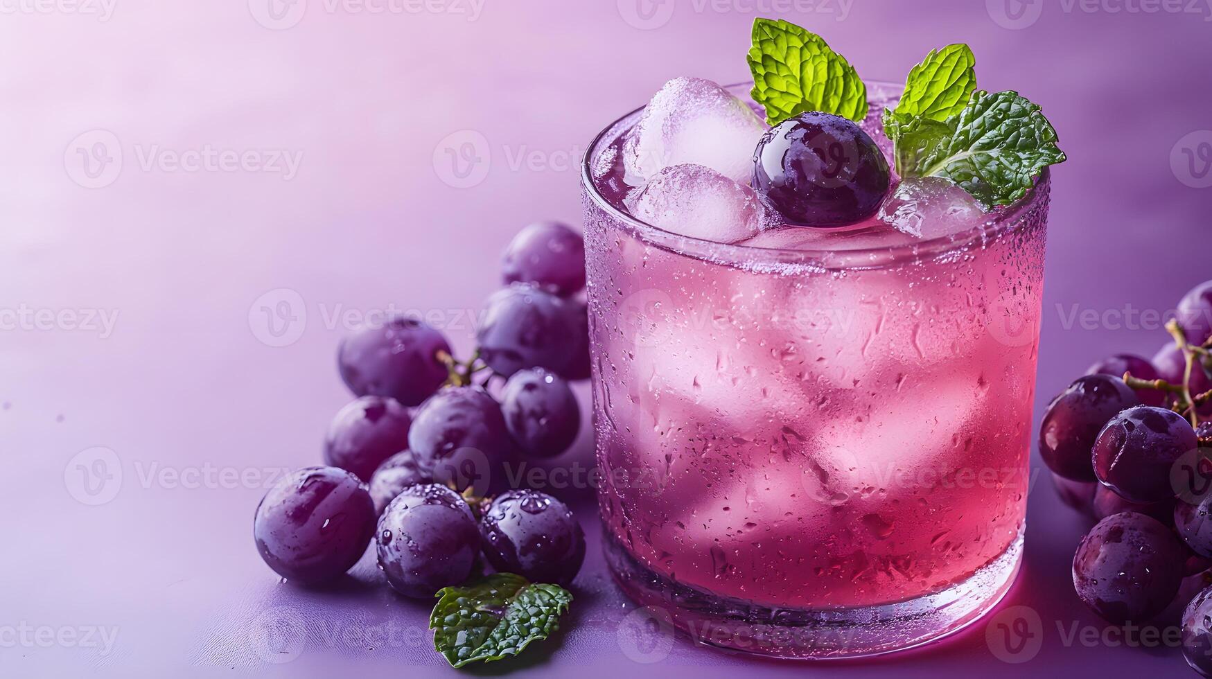 Refreshing purple cocktail garnished with mint and grapes sparkles in crystalline glass, capturing dewdrops effect against soft lavender backdrop, presented with high-key lighting and luxury stylng photo